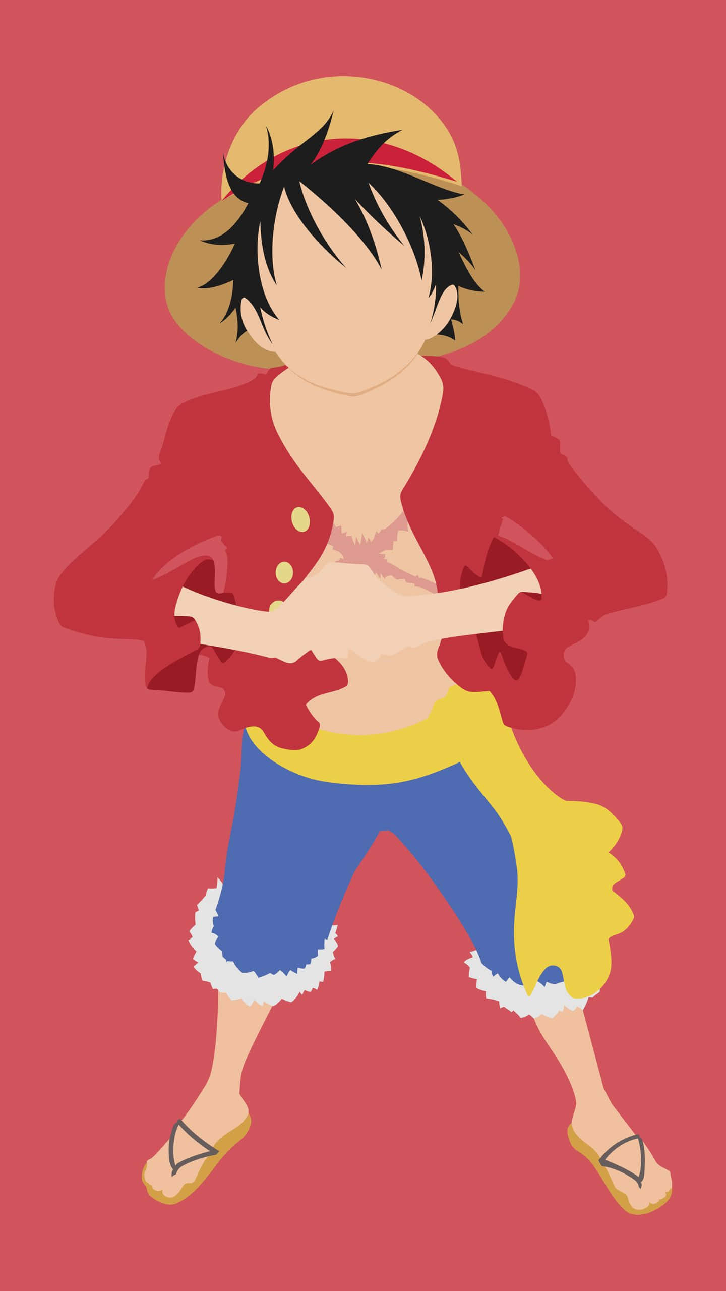 Luffy Aesthetic 桌布 壁紙 — 一個風格化的動漫角色，擁有尖刺黑髮和草帽，自信地站在純紅色背景前。