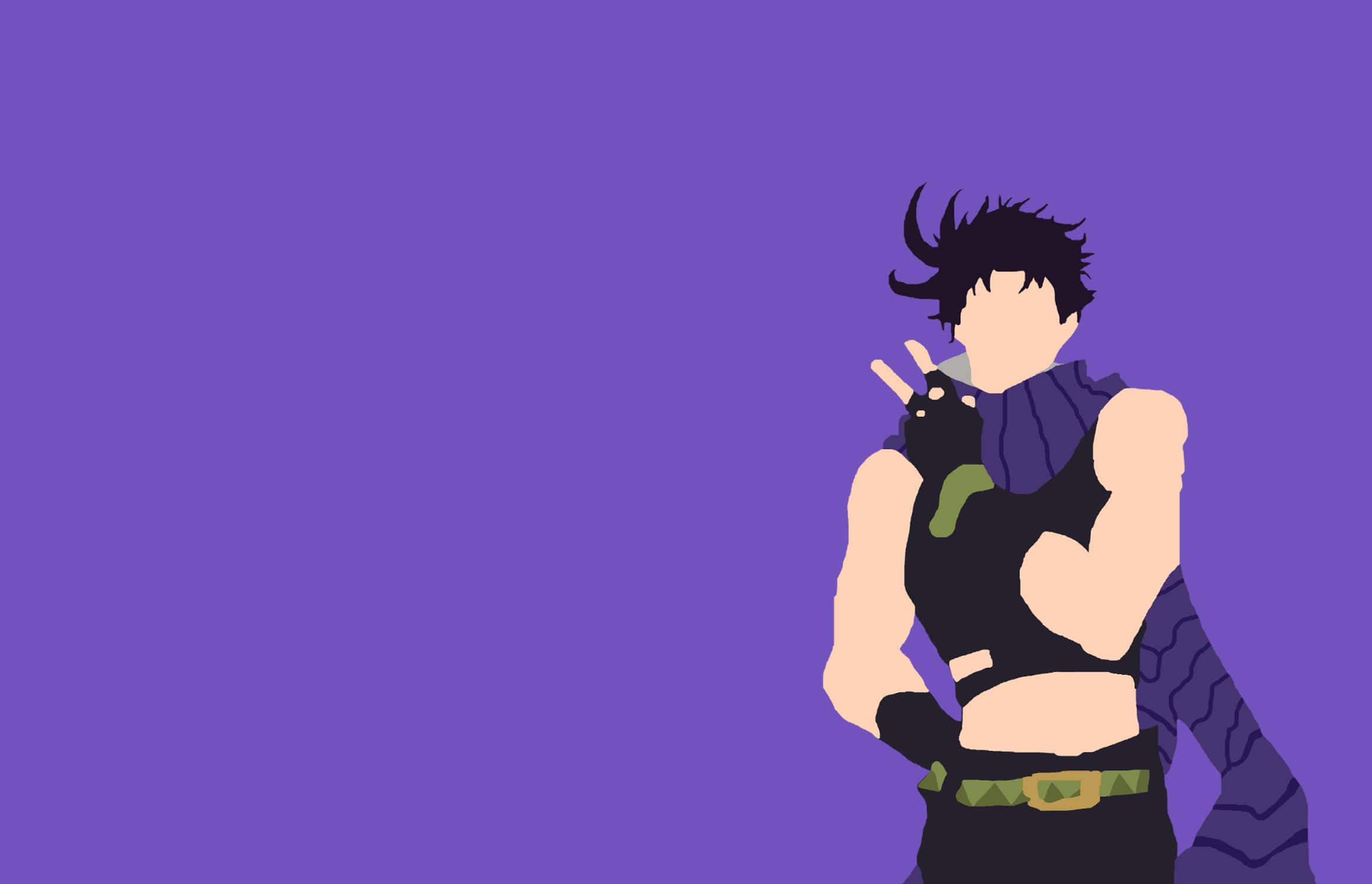 Battle Tendency 桌布 壁紙 — 一個風格化的動漫角色，擁有尖刺黑髮和紫色圍巾，在純紫色背景前自信地擺姿勢。