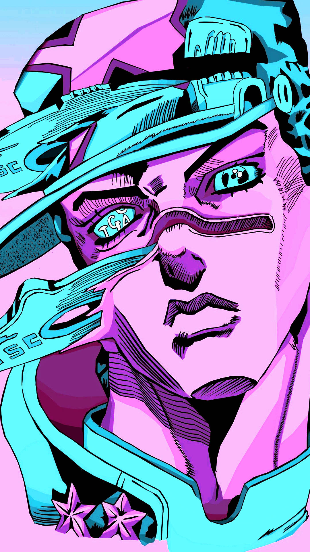 Jojo 桌布 壁紙 — 一個風格化的動漫角色，擁有強烈的眼神和未來感的帽子，採用充滿活力的粉紅色和青色色調。