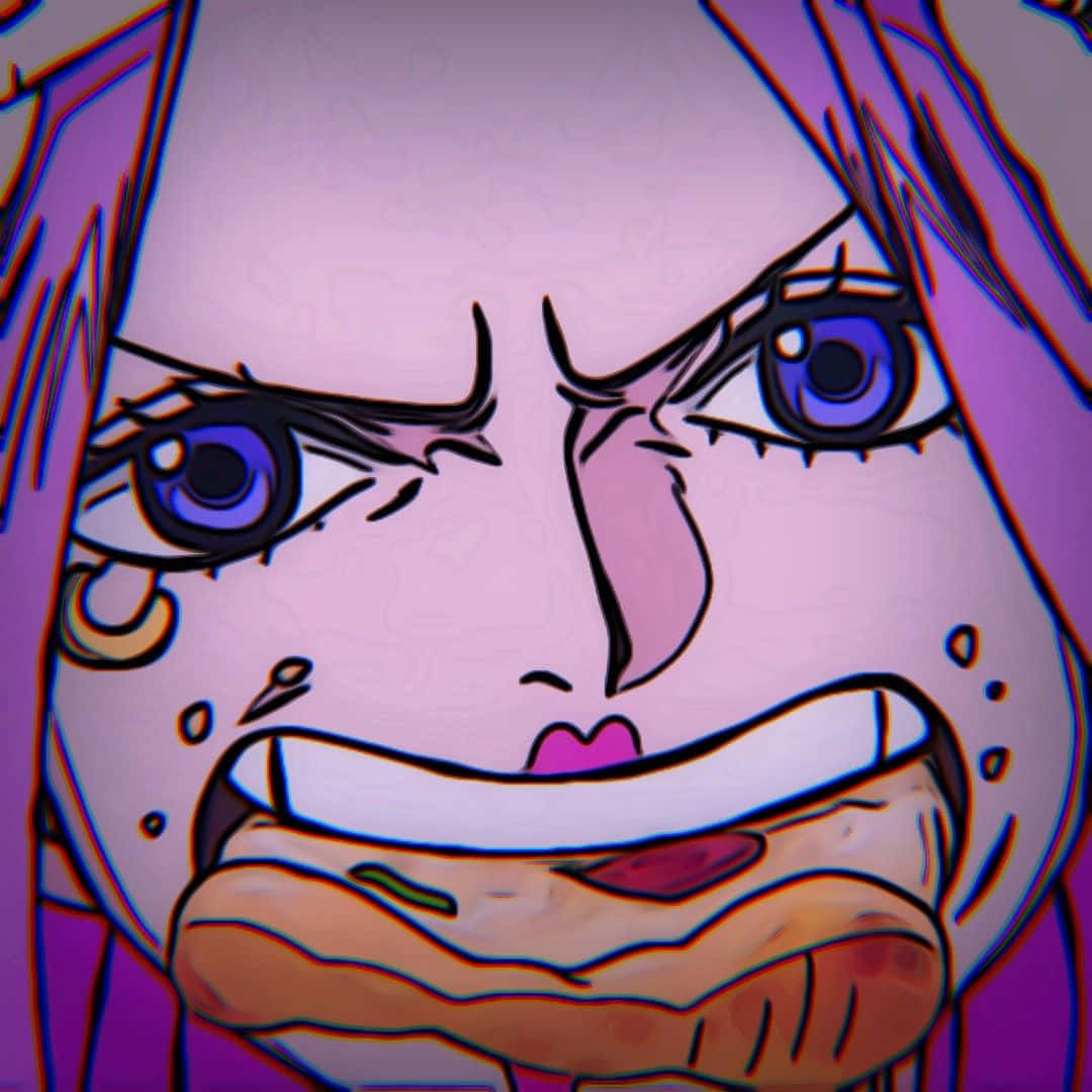 Jewelry Bonney 桌布 壁紙 — 一個風格化的動漫角色，擁有強烈的藍色眼睛和粉紅色頭髮，以誇張的表情咬著熱狗。