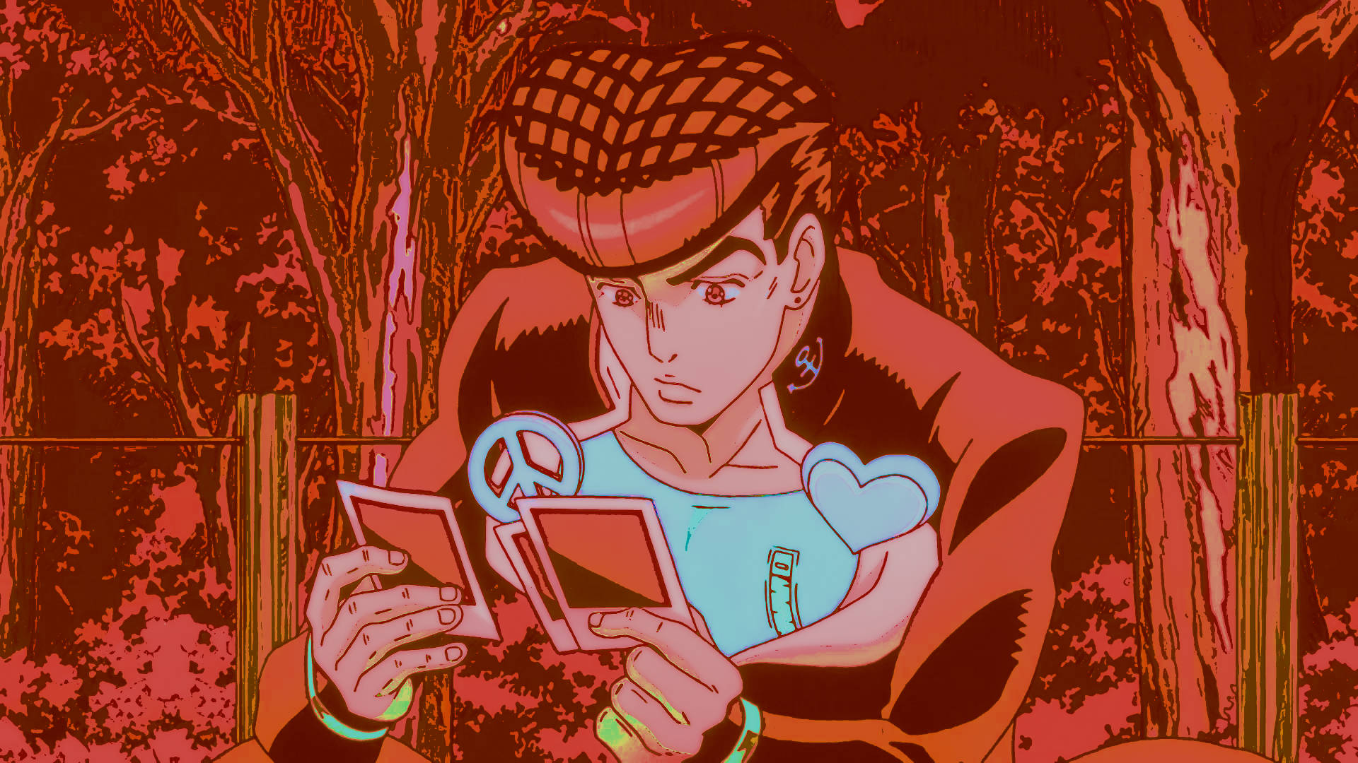 Josuke 桌布 壁紙 — 一個風格化的動漫角色，擁有心形頭髮，在沐浴在紅色和橙色色調的森林中手持卡片。
