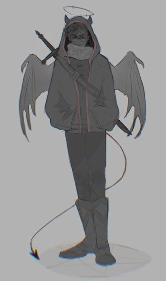 桌布 壁紙 — 一個風格化的動漫角色，擁有惡魔翅膀、尾巴和角，穿著連帽衫並攜帶劍，同時帶有光環。