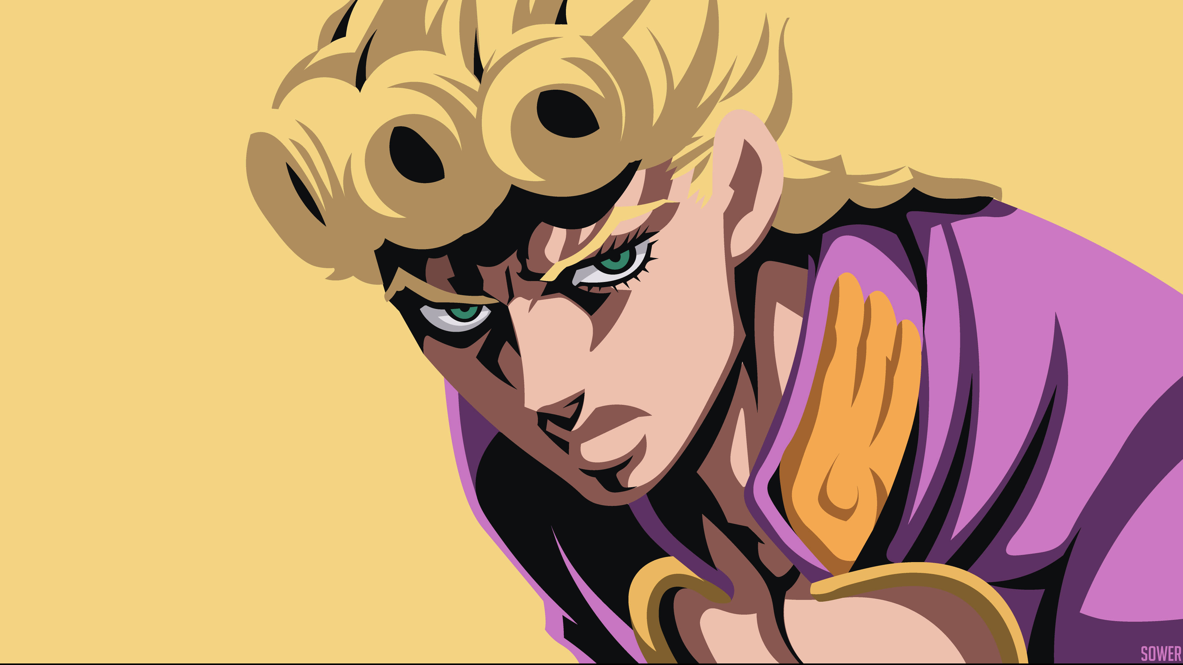 Giorno 桌布 壁紙 — 一個風格化的動漫角色，擁有捲曲的金色頭髮和綠色眼睛，在純黃色背景上強烈凝視。