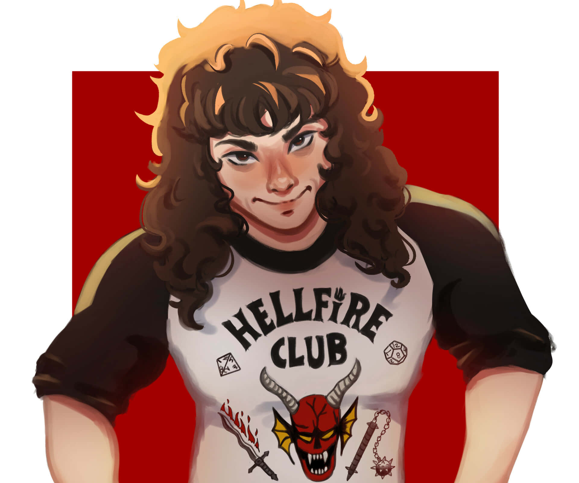 動漫角色穿著 Hellfire Club 襯衫，帶有惡魔圖案和紅色背景。 — Fire Emblem Warriors 壁紙