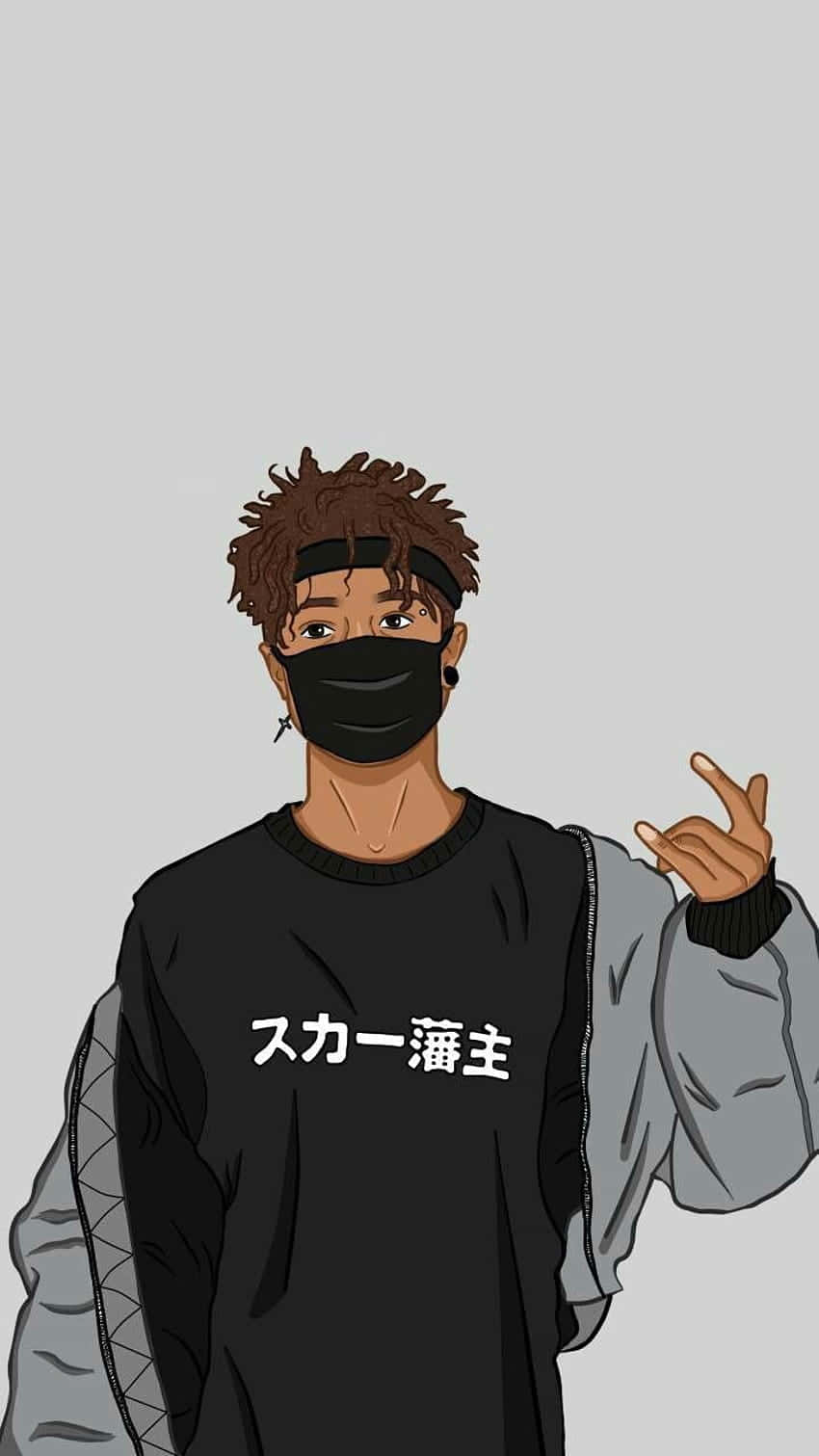 黑色 桌布 壁紙 — 一個風格化的動漫角色，擁有捲曲頭髮和口罩，在純灰色背景前自信地做手勢。