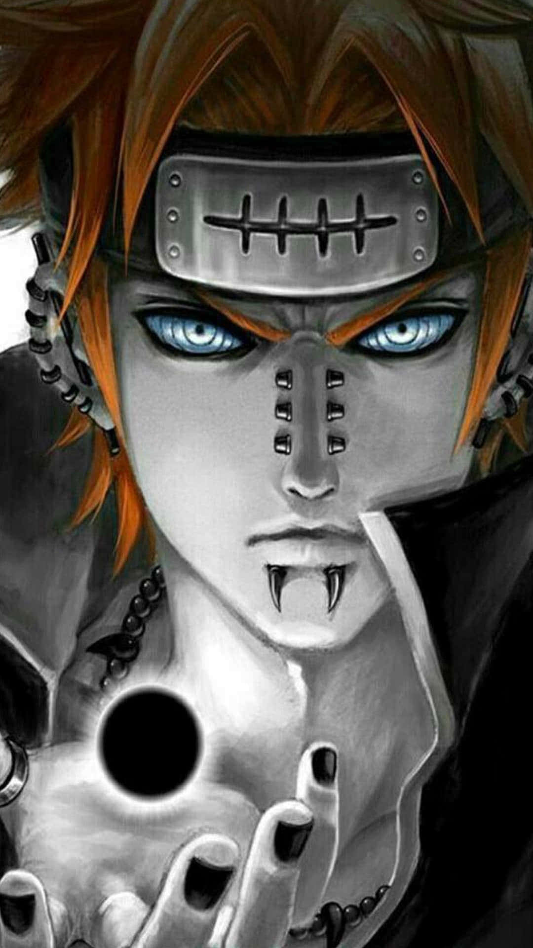 Pain Rinnegan 桌布 壁紙 — 一個風格化的動漫角色，擁有橙色頭髮、藍色眼睛和尖牙，在戲劇性的特寫中手持一個黑色球體。