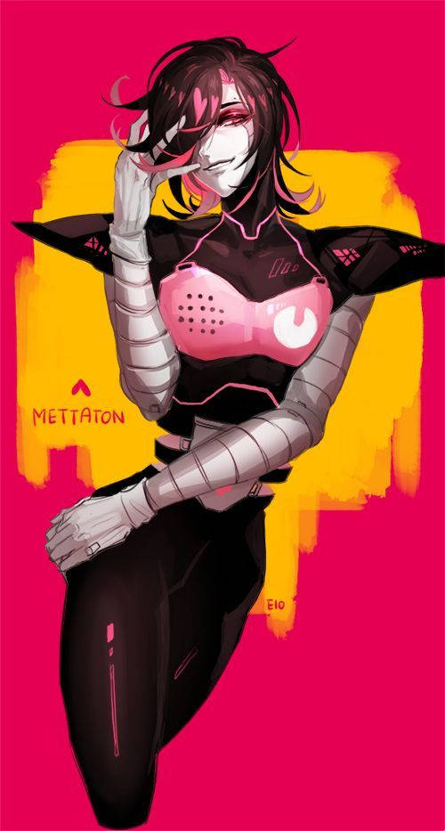 Mettaton 桌布 壁紙 — 一個風格化的動漫角色，擁有深色頭髮和機械手臂，在充滿活力的粉紅色和黃色背景前自信地擺姿勢。