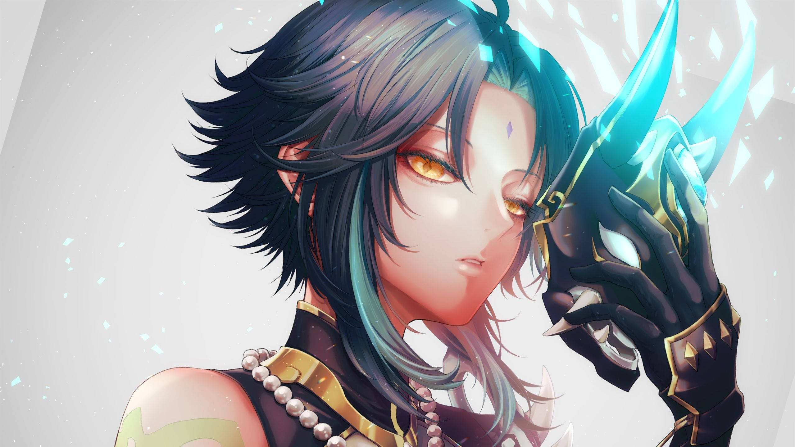 電玩遊戲 桌布 壁紙 — 一個風格化的動漫角色，擁有深色頭髮和發光的眼睛，在柔和的灰色背景上握著一把發光的藍色劍。