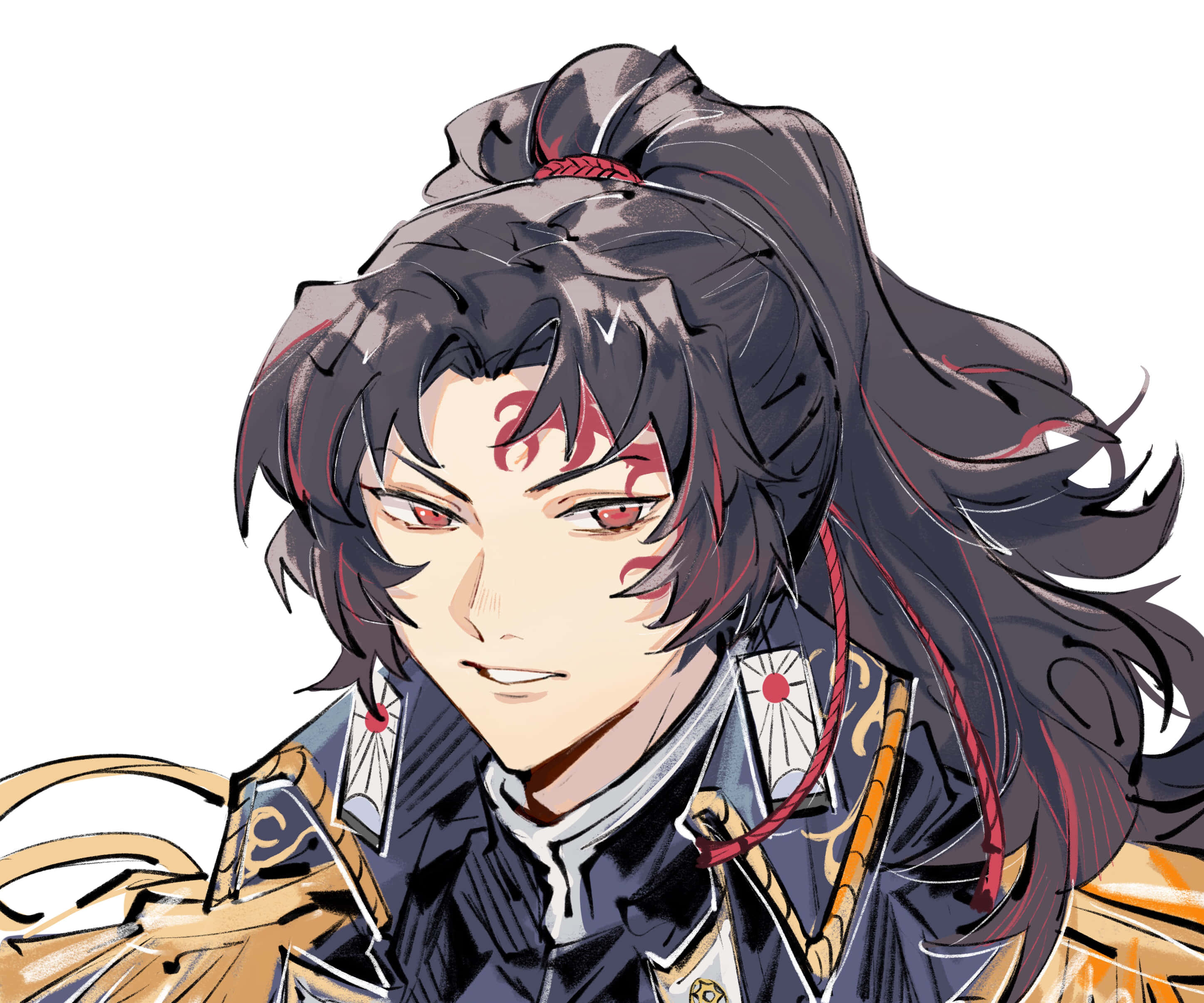 Yoriichi Tsugikuni 桌布 壁紙 — 一個風格化的動漫角色，擁有深色頭髮、紅色標記和強烈的眼神，穿著華麗的傳統服飾，背景是純白色。