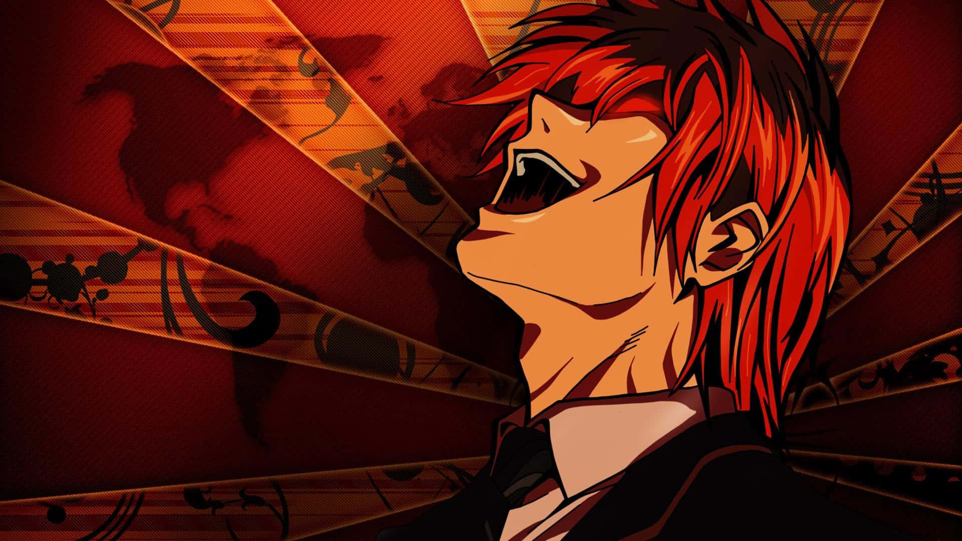 Light Yagami 桌布 壁紙 — 一個風格化的動漫角色，擁有火紅的頭髮和強烈的表情，背景是帶有抽象圖案的動態紅色和橙色。