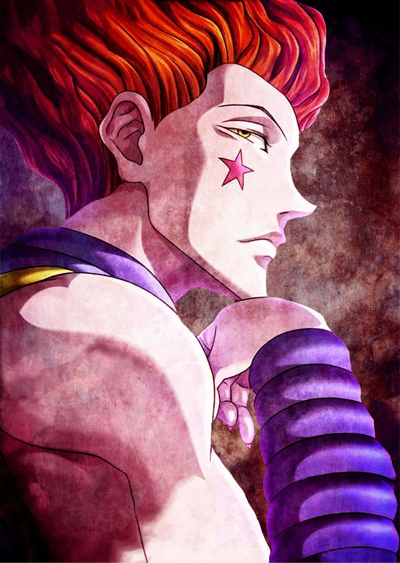 Hisoka Morow 桌布 壁紙 — 一個風格化的動漫角色，擁有火紅的頭髮和粉紅色的星星刺青，在紋理深色背景前若有所思地凝視。