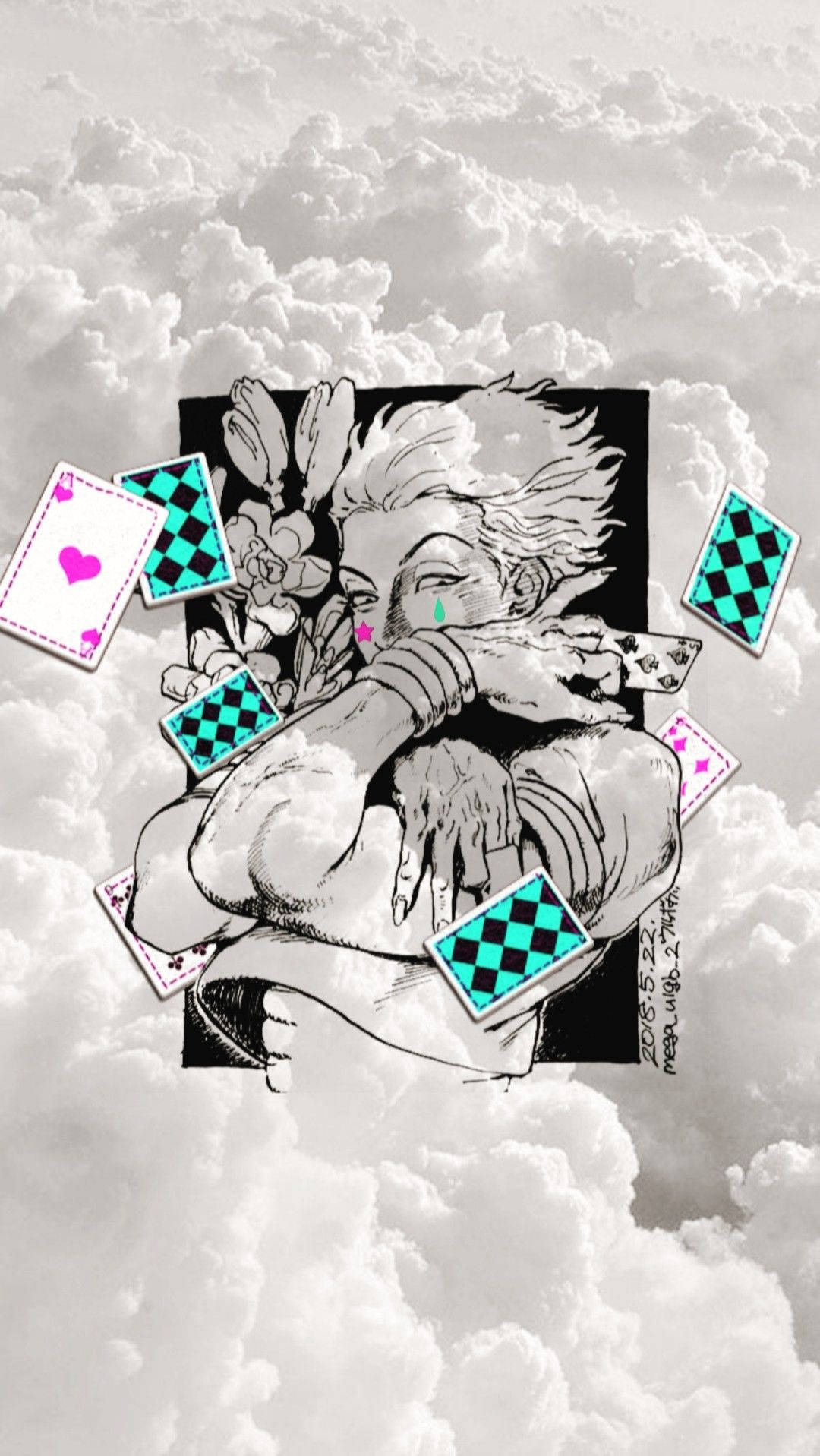獵人 x 獵人 桌布 壁紙 — 一個風格化的動漫角色，擁有狂野的頭髮和花卉裝飾，被漂浮的撲克牌環繞，背景是陰雲密佈的天空。