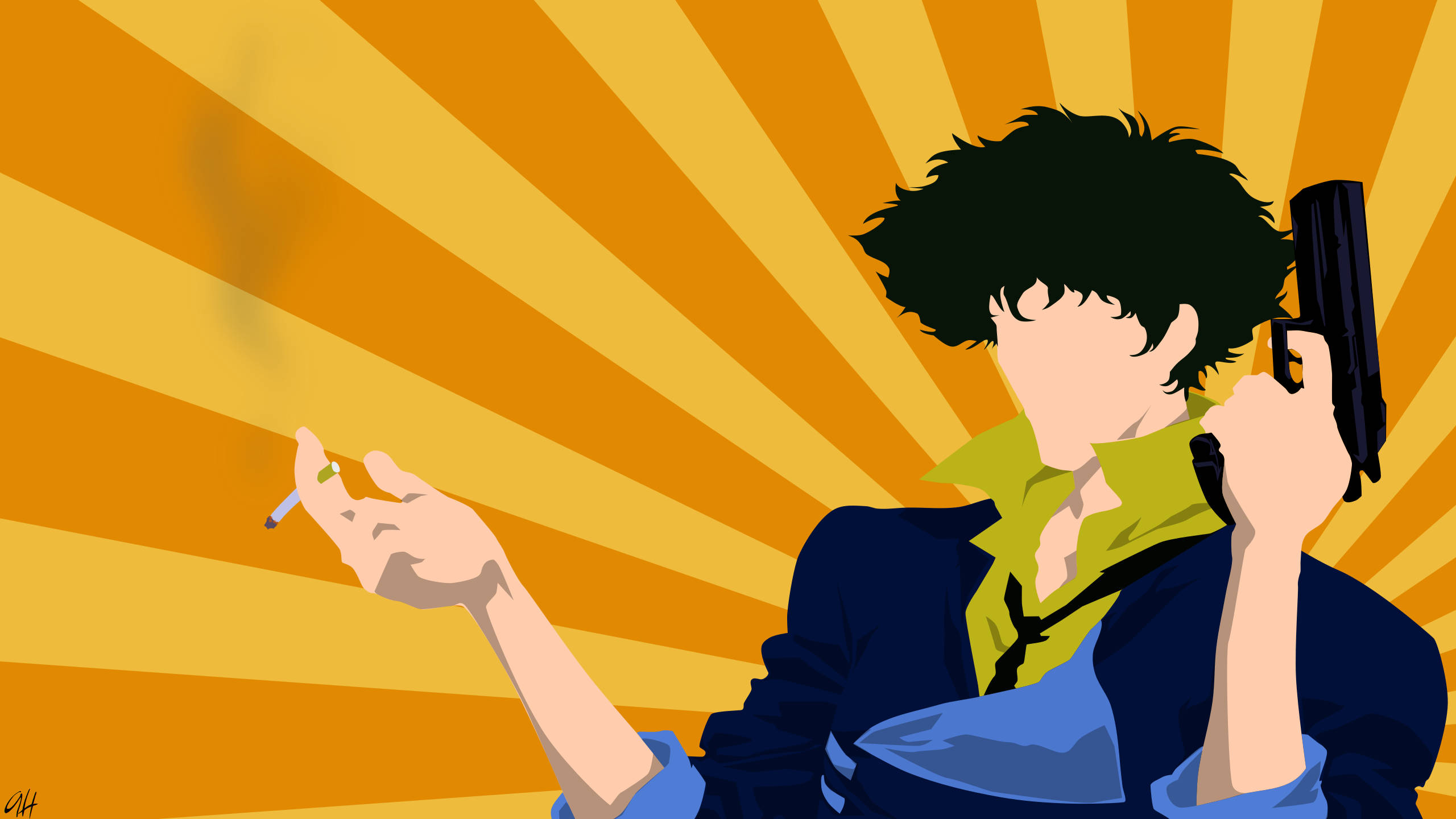 Cowboy Bebop Desktop 桌布 壁紙 — 一個風格化的動漫角色，擁有狂野的黑髮，在耀眼的黃橙色太陽爆發背景下手持槍支並吸煙。