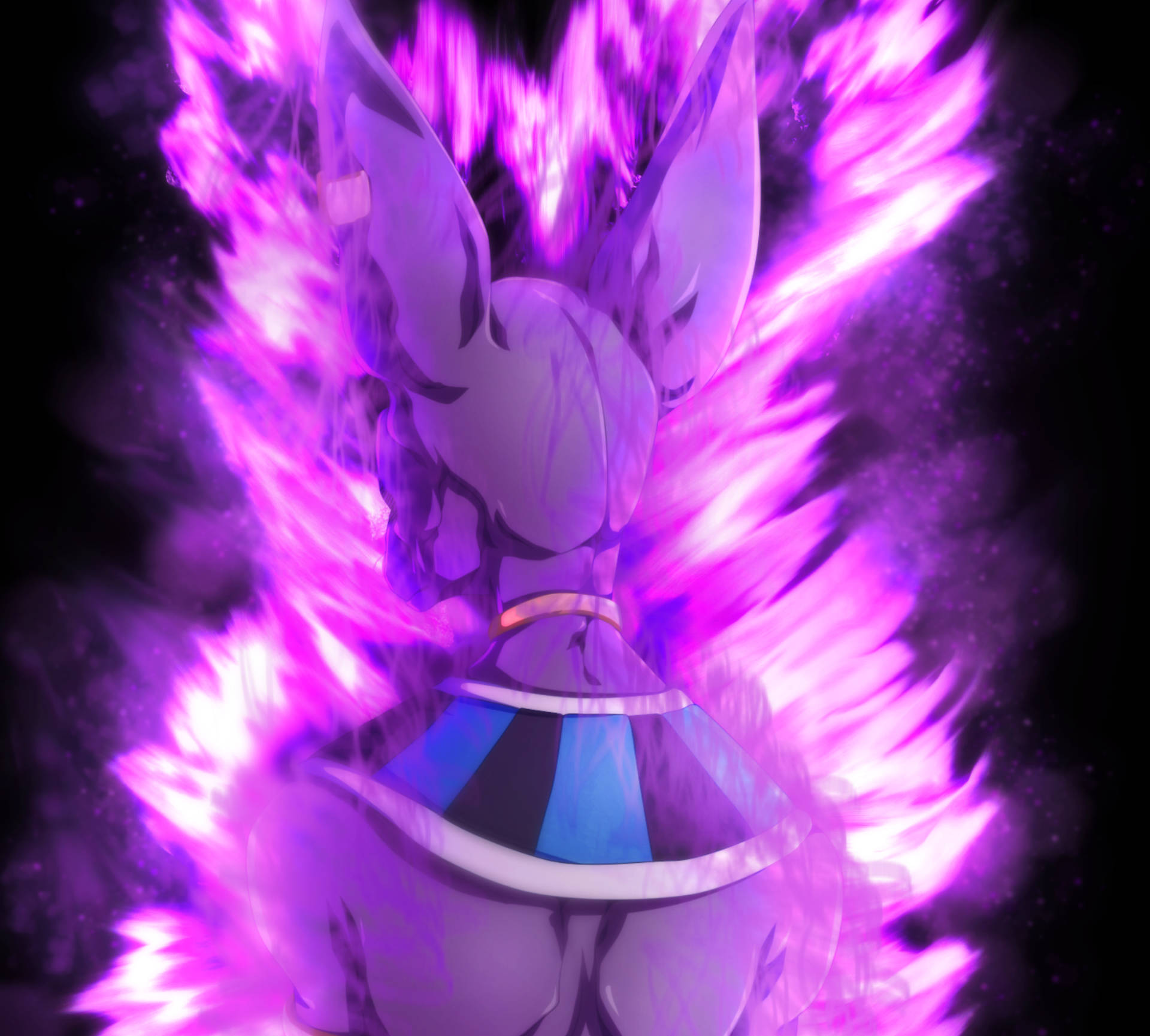 Beerus 桌布 壁紙 — 一個風格化的動漫角色，擁有狐狸耳朵和藍色裙子，在黑暗的宇宙背景下散發出充滿活力的紫色能量。