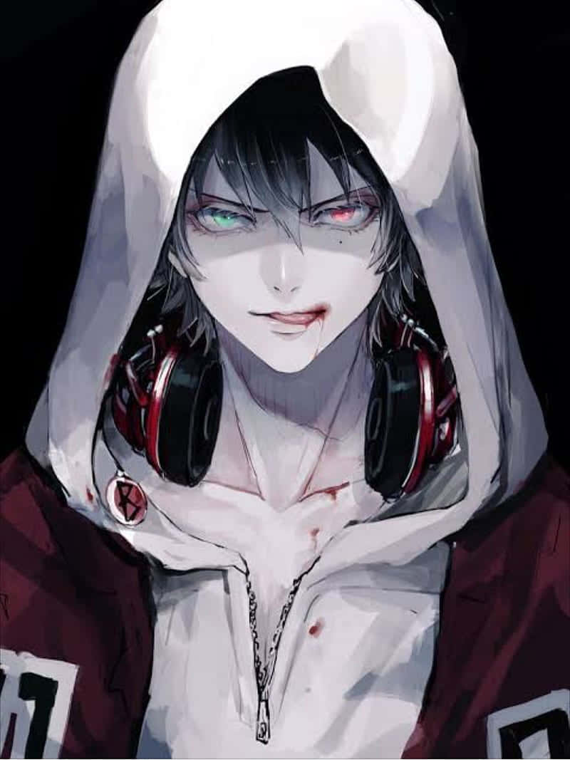 Bad Boy Anime 桌布 壁紙 — 一個風格化的動漫角色，擁有異色瞳和血跡，穿著連帽衫和耳機，背景為深色。