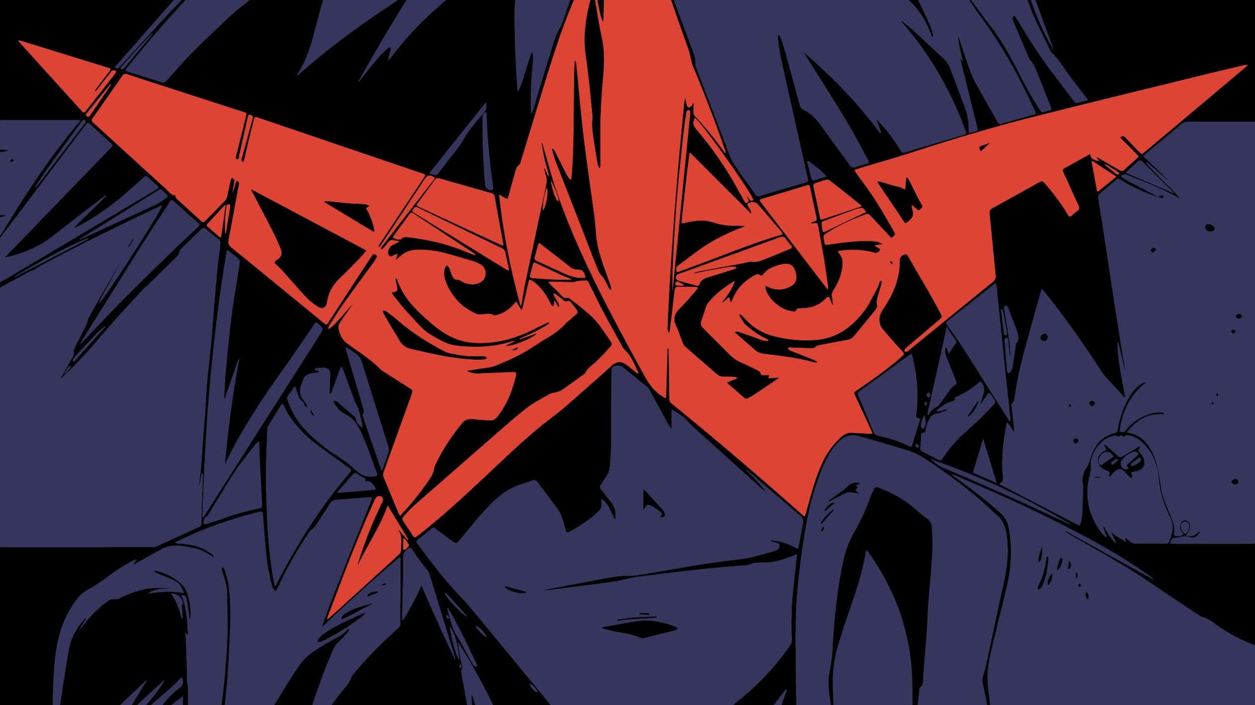Gurren Lagann 桌布 壁紙 — 一個風格化的動漫角色，擁有發光的紅色眼睛和尖銳的黑髮，在深藍色背景下強烈凝視。