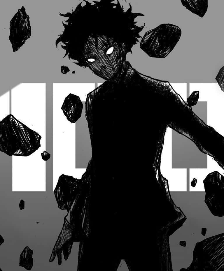 Ritsu Kageyama 桌布 壁紙 — 一個風格化的動漫角色，擁有發光的眼睛和破碎的岩石碎片，在單色場景中衝破帶欄杆的窗戶。