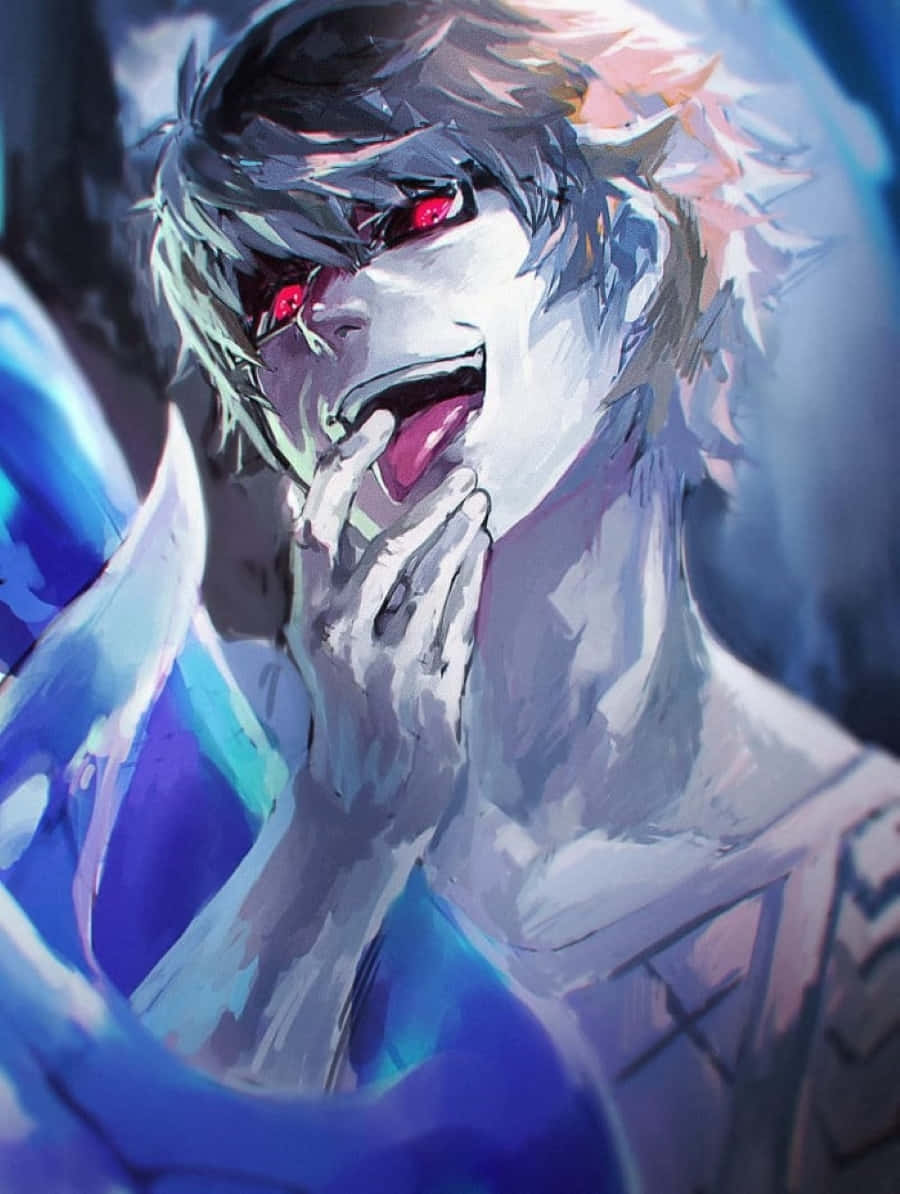 Nishiki Nishio 桌布 壁紙 — 一個風格化的動漫角色，擁有發光的紅色眼睛和蒼白的皮膚，狂笑著捂住嘴巴。