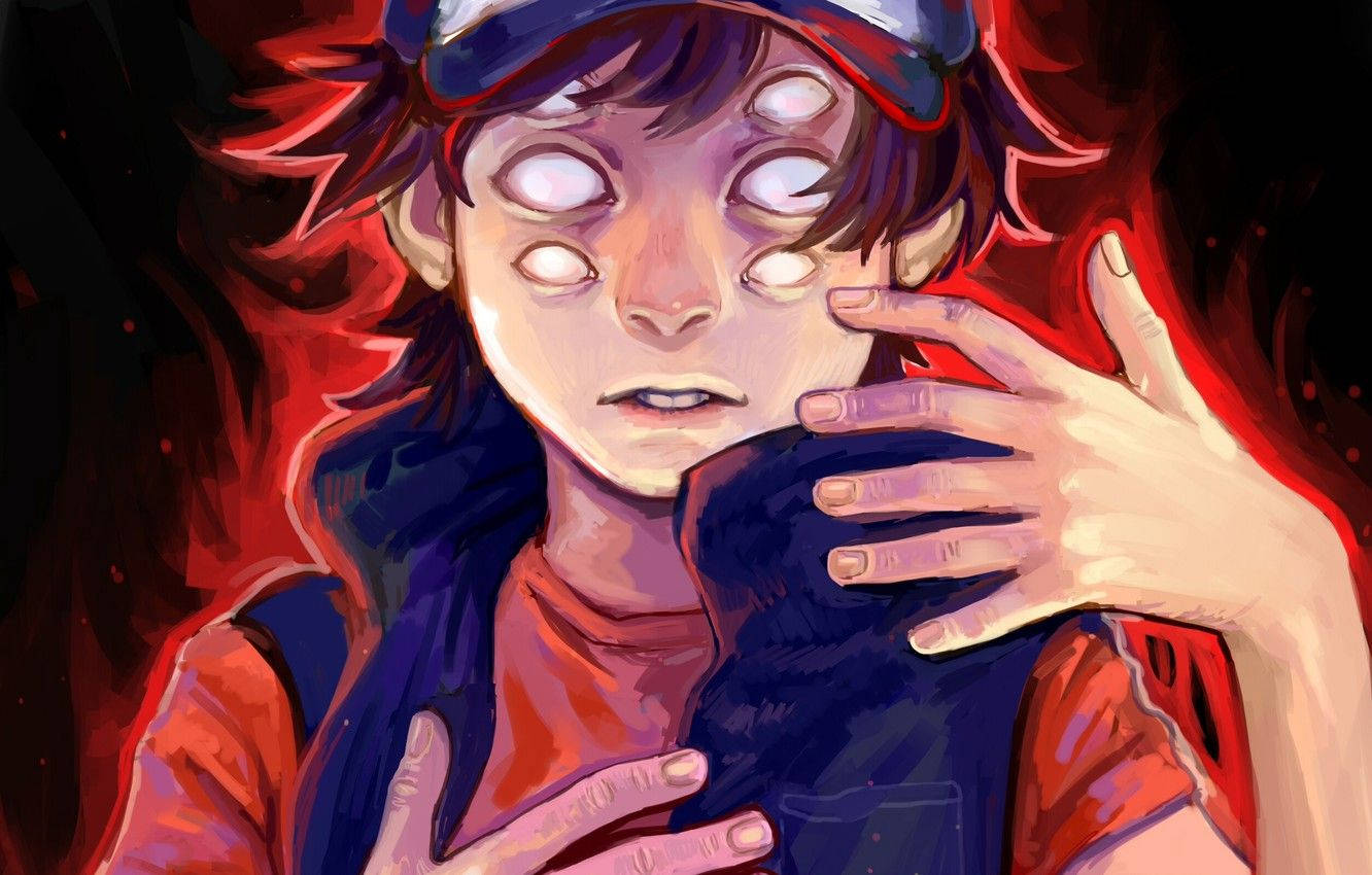 dipper pines 桌布 壁紙 — 一個風格化的動漫角色，擁有發光的眼睛和紅色頭髮，在火紅的背景前緊握著一個黑暗物體。