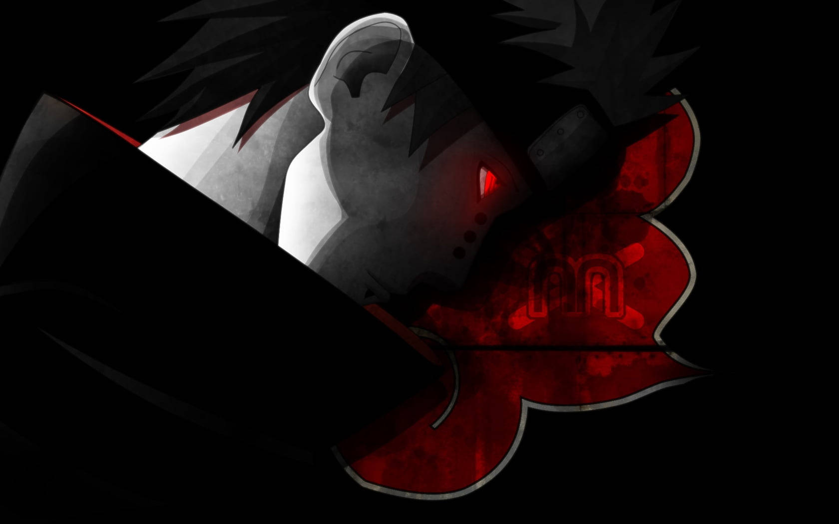 pain naruto 桌布 壁紙 — 一個風格化的動漫角色，擁有發光的紅色眼睛和黑色尖刺頭髮，部分被一個紅色雲狀標誌遮擋，背景為深色。