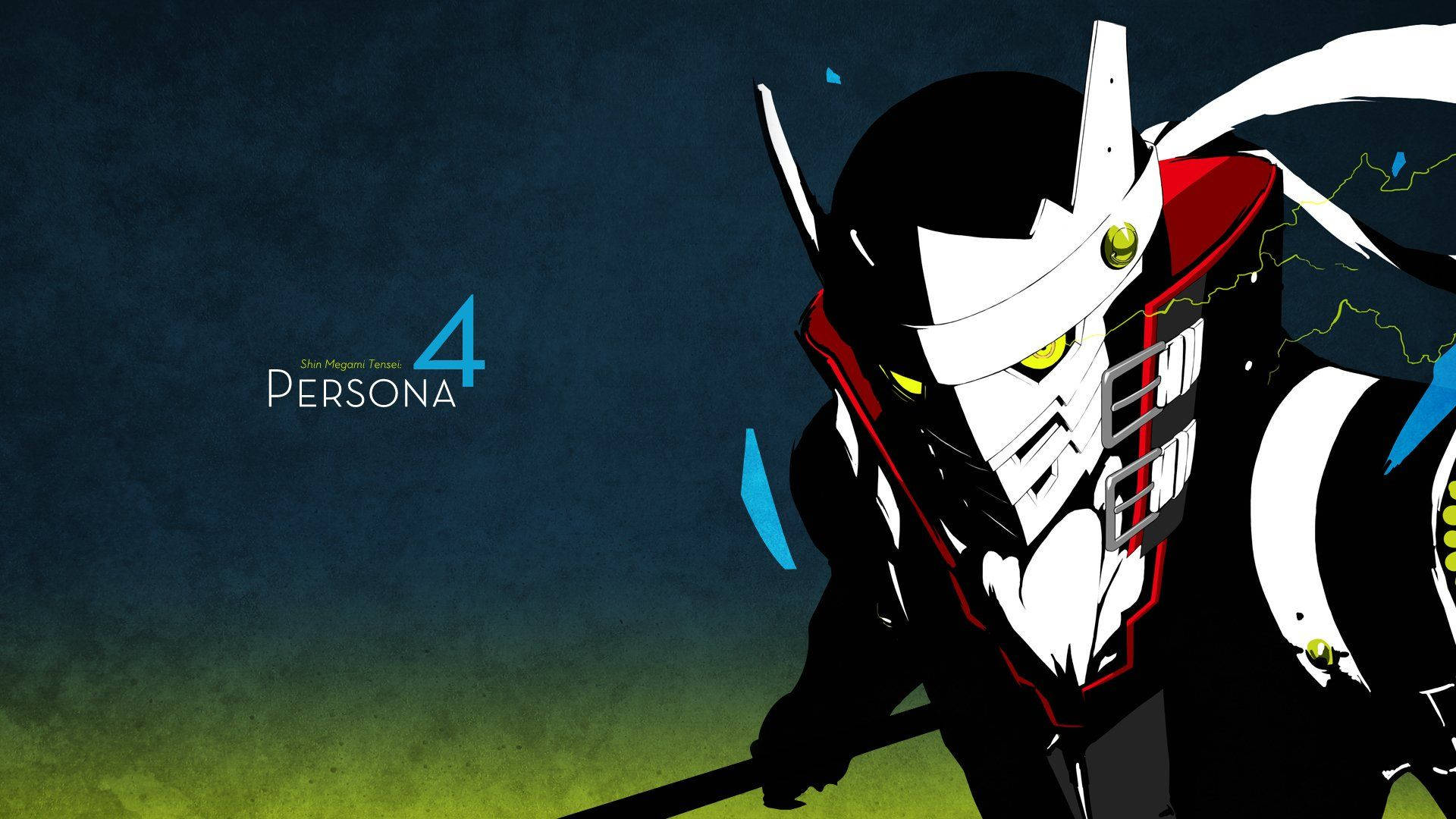 Persona 4 桌布 壁紙 — 一個風格化的動漫角色，擁有發光的黃色眼睛和白色頭盔，站在深藍色和綠色漸變背景前。
