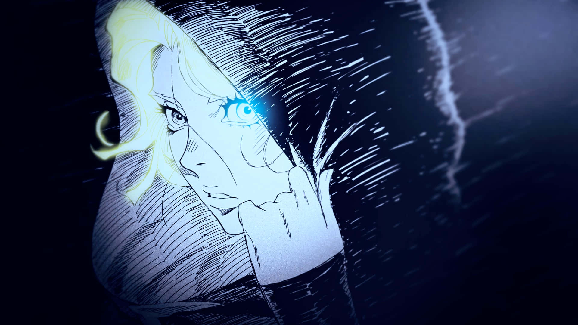 Castlevania 桌布 壁紙 — 一個風格化的動漫角色，擁有發光的藍色眼睛和金色頭髮，在黑暗的暴風雨背景下凝視著。