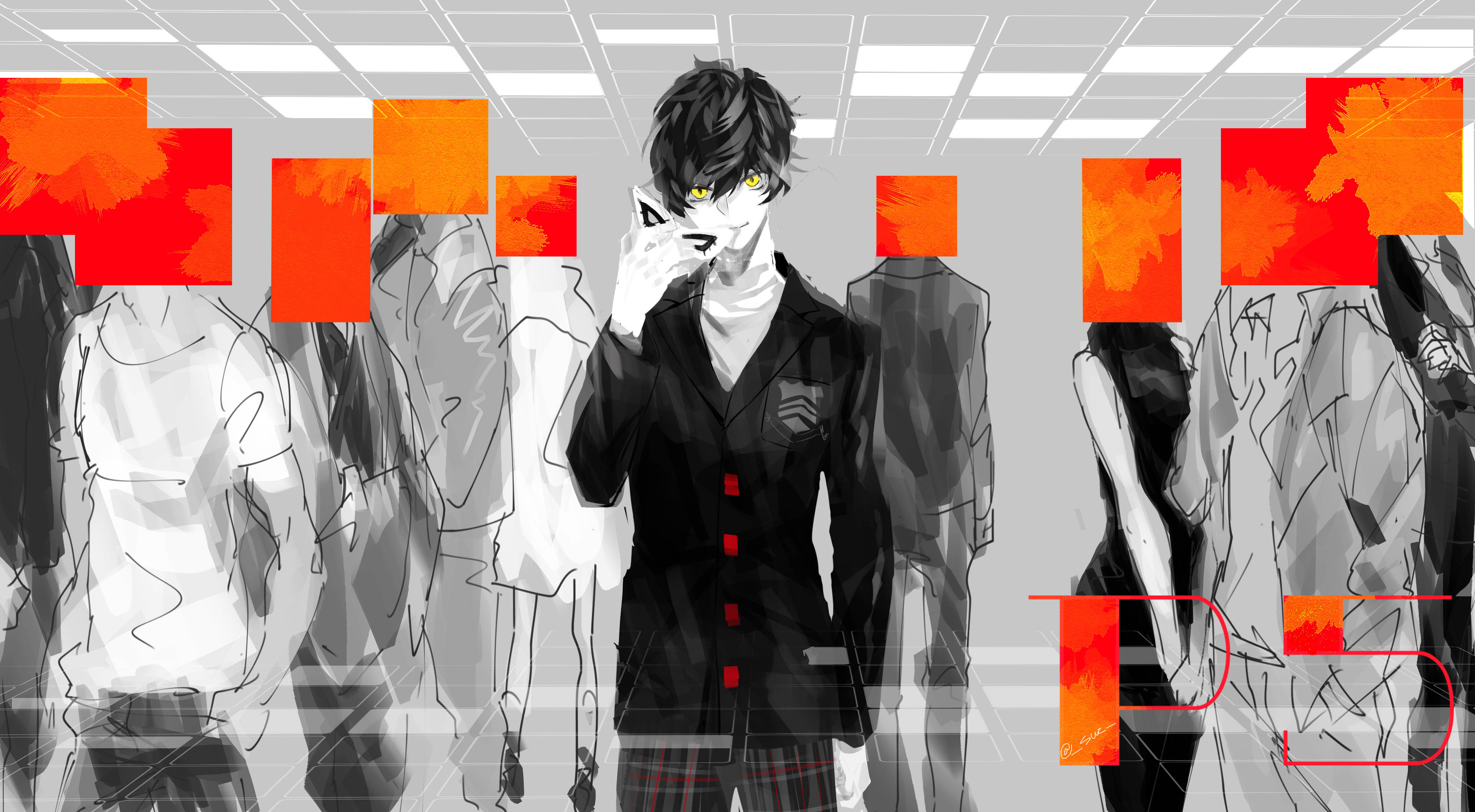 persona 5 4K 桌布 壁紙 — 一個風格化的動漫角色，擁有發光的黃色眼睛和紅色點綴，站在單色人群中，周圍是火熱的橙色抽象形狀。
