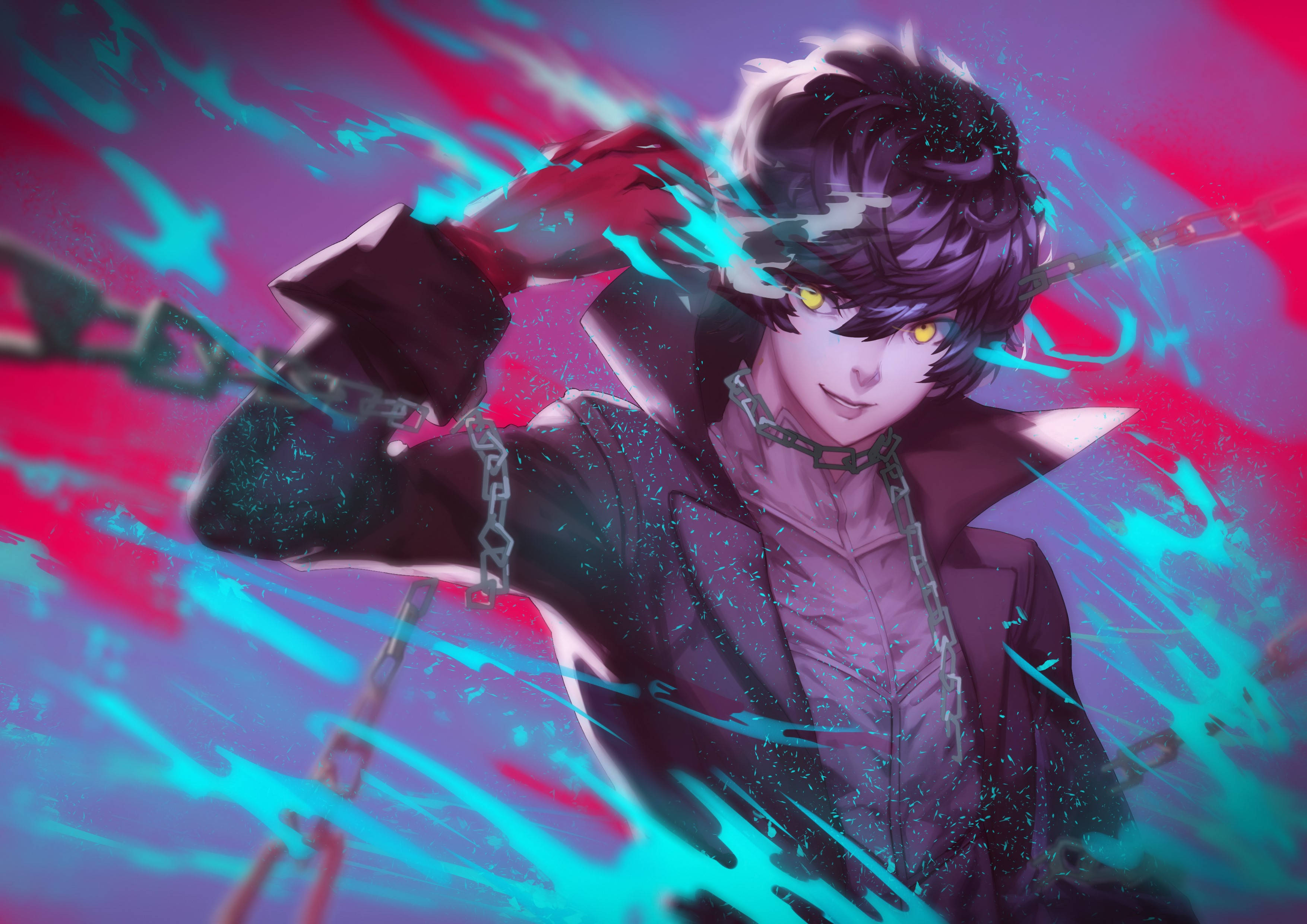 persona 5 4K 桌布 壁紙 — 一個風格化的動漫角色，擁有發光的黃色眼睛和鎖鏈，衝破充滿活力的紅色和青色能量場。