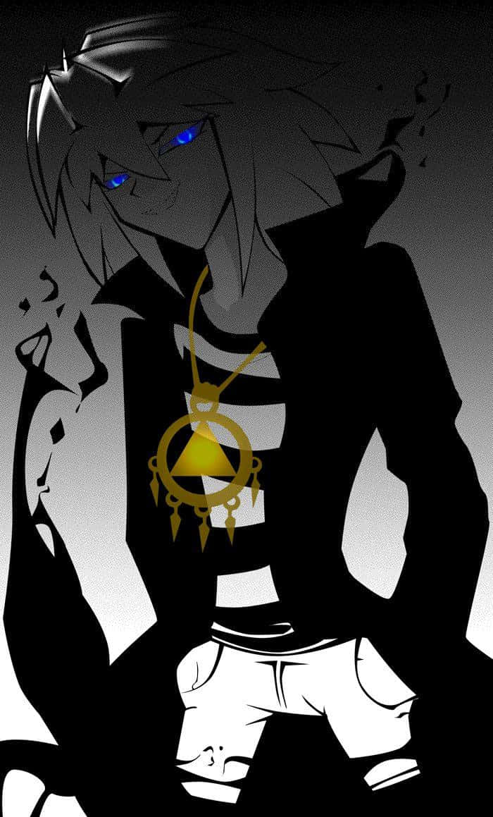 Yami Bakura 桌布 壁紙 — 一個風格化的動漫角色，擁有發光的藍色眼睛和金色吊墜，以高對比度的黑白呈現。