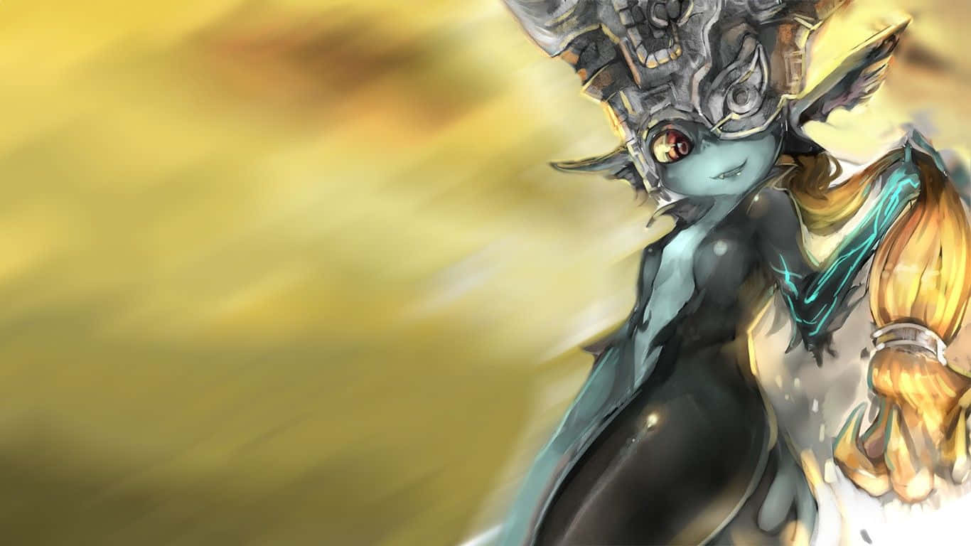 The Legend Of Zelda Midna 桌布 壁紙 — 一個風格化的動漫角色，擁有發光的紅色眼睛和華麗的頭盔，站在模糊的金色背景前。
