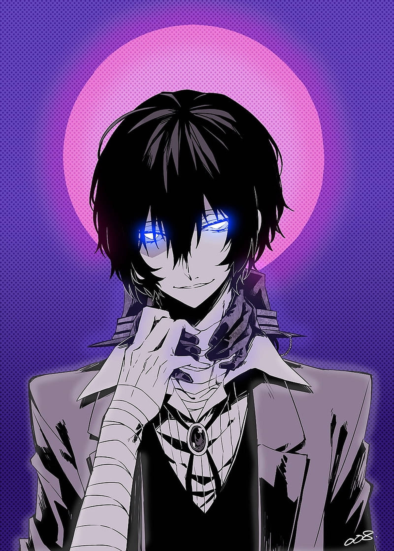 Dazai 桌布 壁紙 — 一個風格化的動漫角色，擁有發光的藍色眼睛和深色頭髮，站在充滿活力的紫色背景前，帶有粉紅色圓形光環。