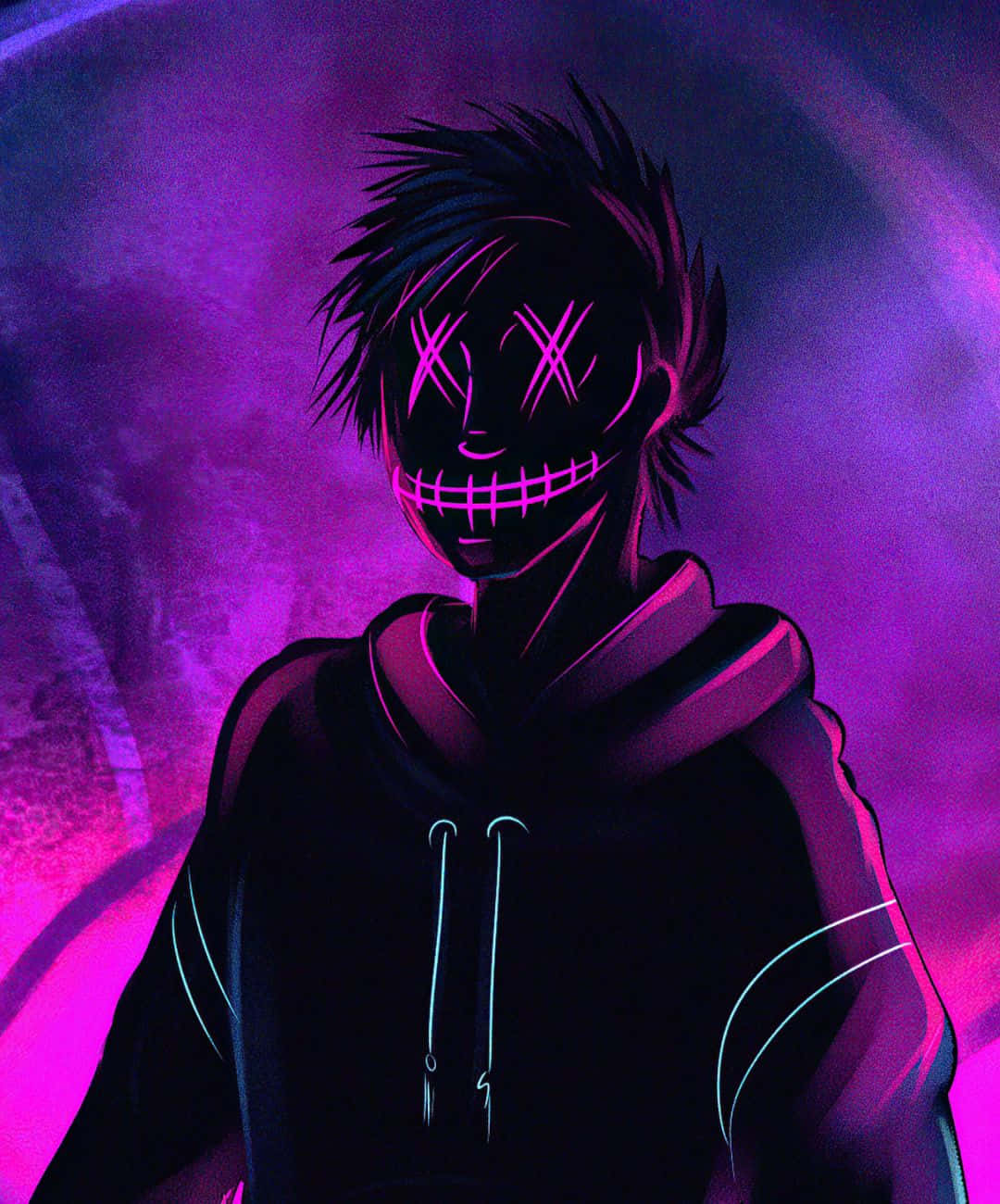 Game Art 桌布 壁紙 — 一個風格化的動漫角色，擁有發光的粉紅色X眼睛和牙齒，穿著深色連帽衫，背景是旋轉的紫色。
