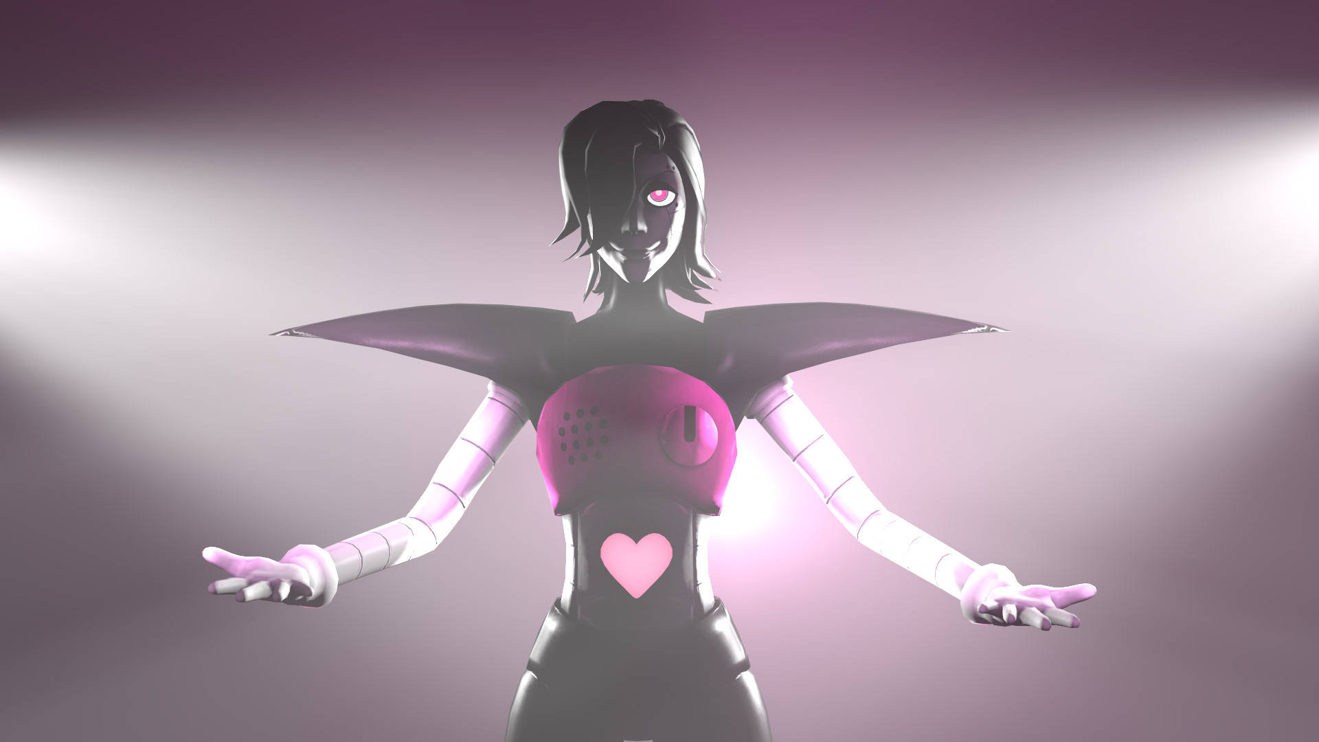 Mettaton 桌布 壁紙 — 一個風格化的動漫角色，擁有發光的粉紅色眼睛和心形標誌，站在紫色漸變背景的聚光燈下。
