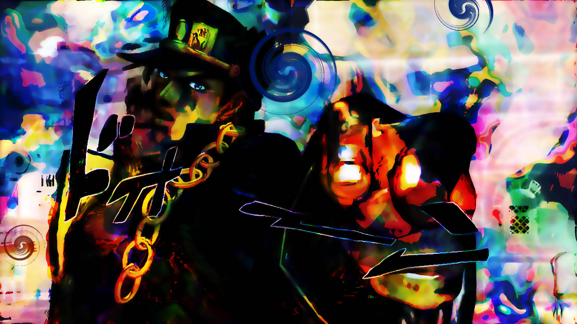 jojo 4K 桌布 壁紙 — 一個風格化的動漫角色，擁有發光的眼睛和金色鏈條，背景是迷幻的漩渦鮮豔色彩。