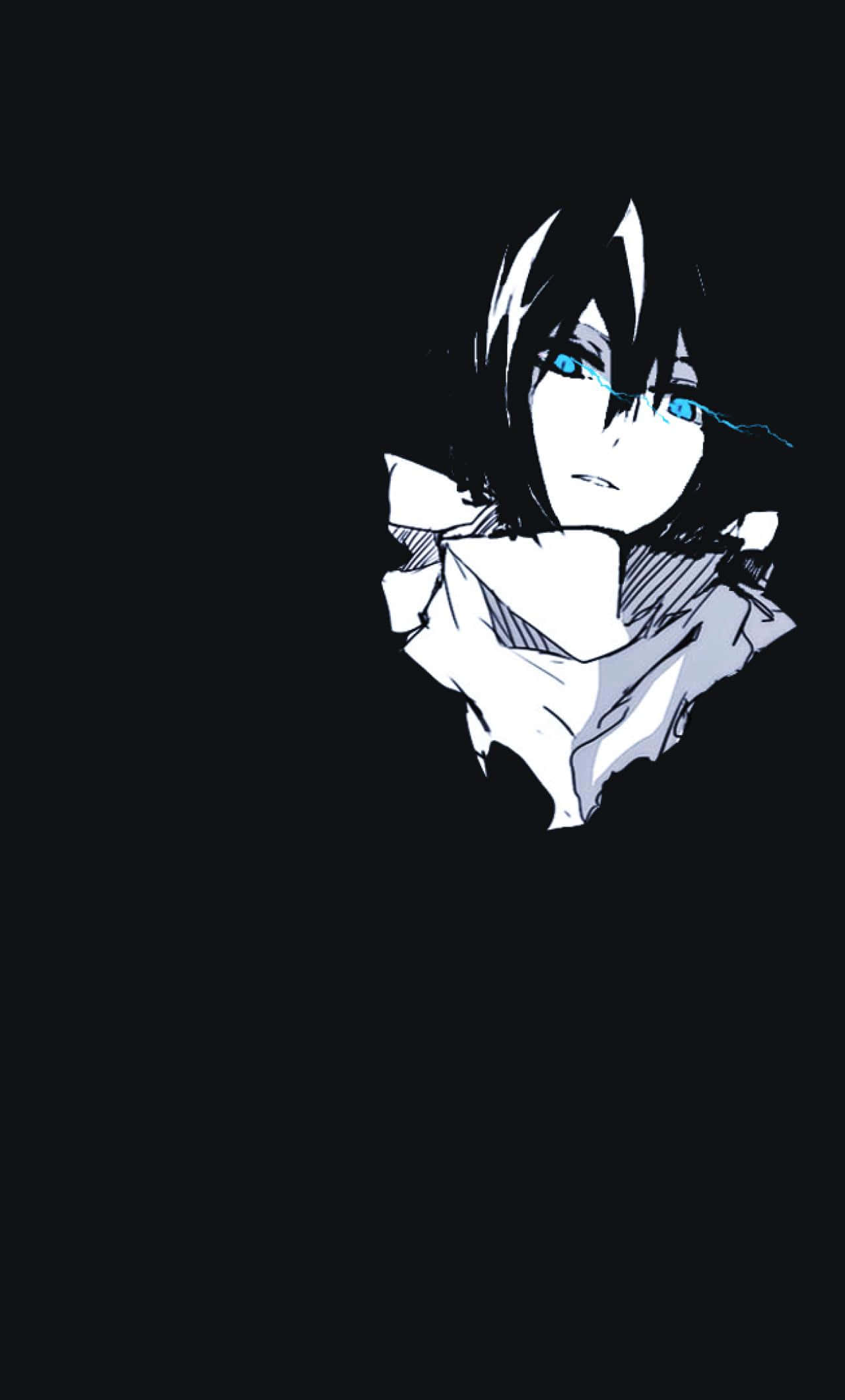 Anime Minimalist 桌布 壁紙 — 一個風格化的動漫角色，擁有發光的藍色眼睛和黑色頭髮，背景為純黑色。