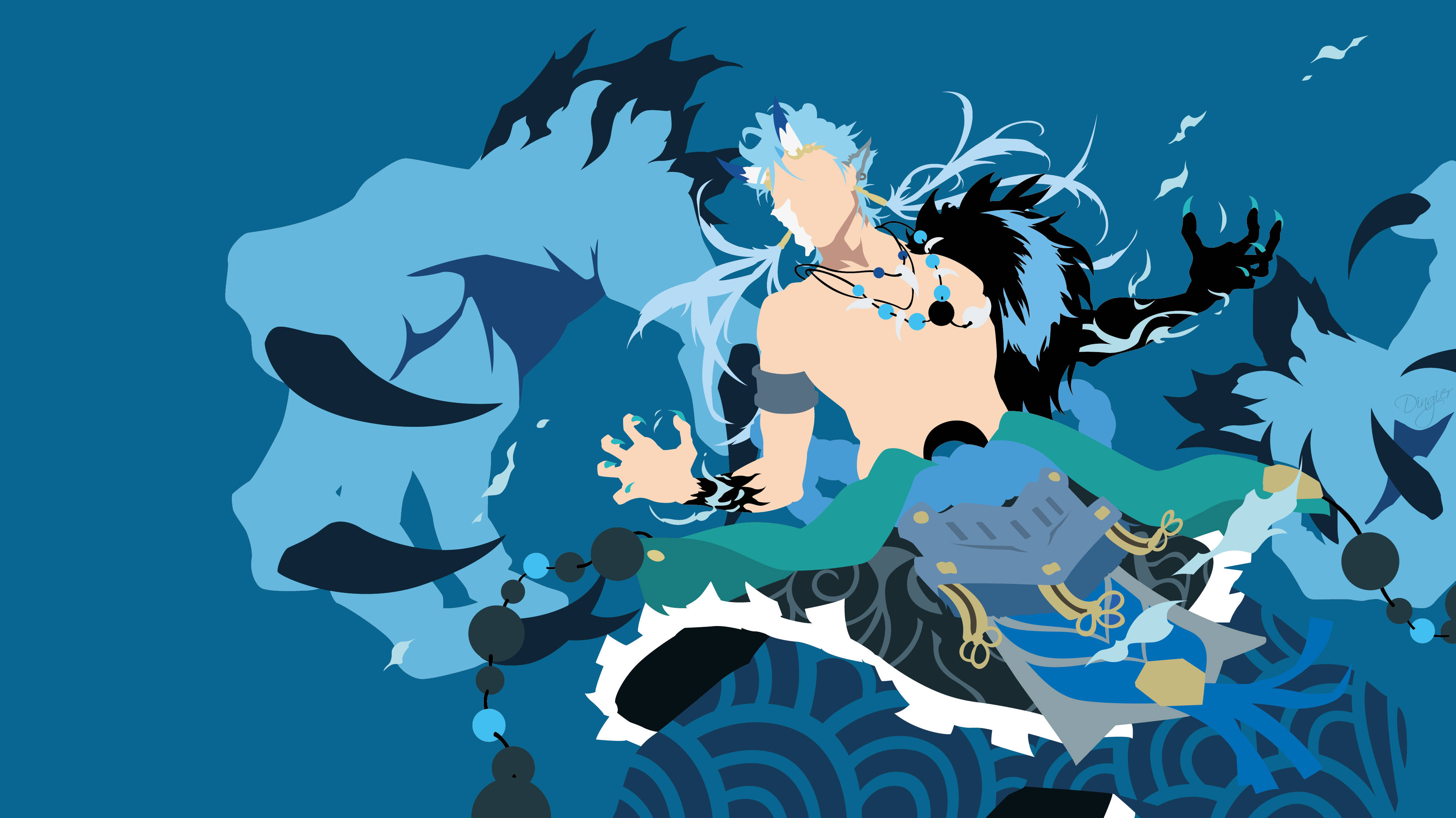 Grimmjow 桌布 壁紙 — 一個風格化的動漫角色，擁有白色頭髮和黑色翅膀，漂浮在旋轉的藍色波浪和抽象圖案之間。