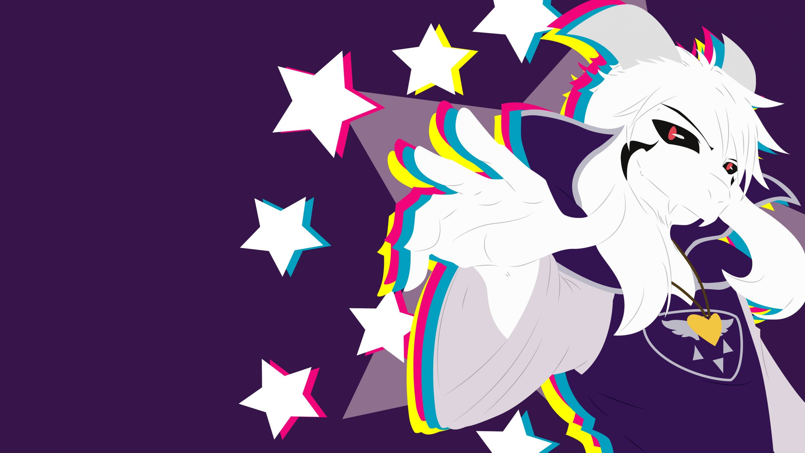 Undertale 桌布 壁紙 — 一個風格化的動漫角色，擁有白髮、彩虹點綴和星星，漂浮在深紫色背景上。
