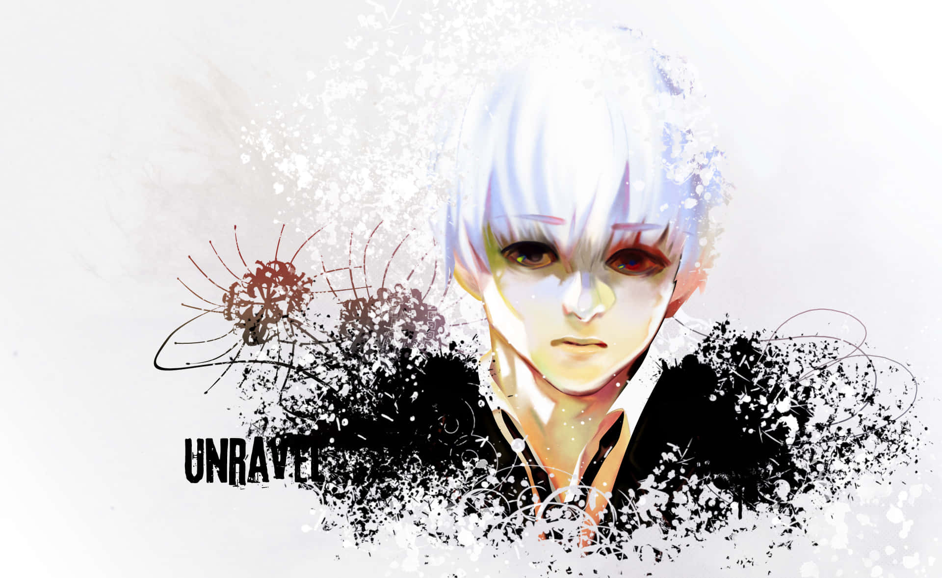 Sui Ishida 桌布 壁紙 — 一個風格化的動漫角色，擁有白髮和銳利的眼睛，從混亂的黑白潑濺背景中浮現。