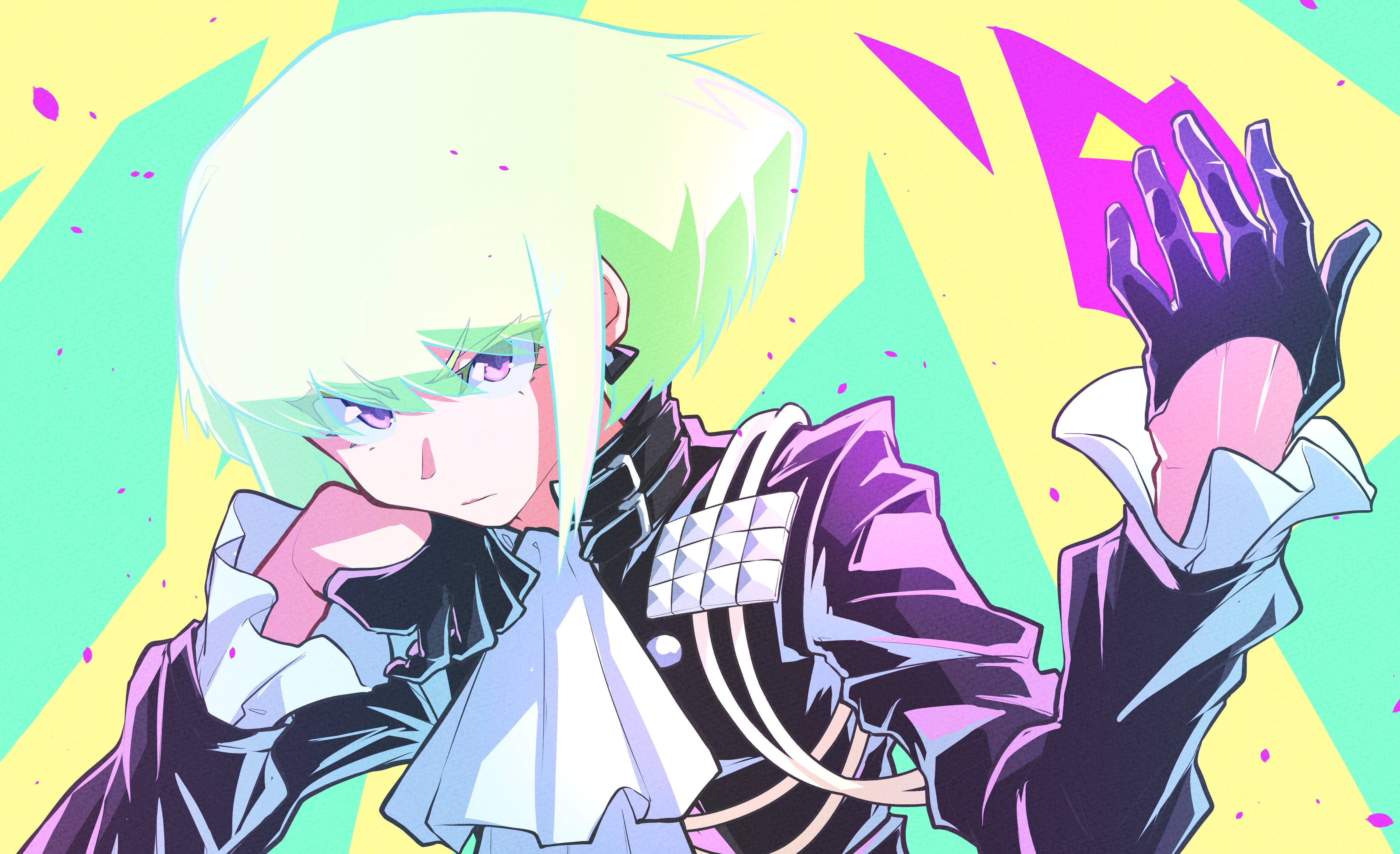 Promare 桌布 壁紙 — 一個風格化的動漫角色，擁有白髮和紫色眼睛，在充滿活力的幾何背景前擺出動態姿勢。