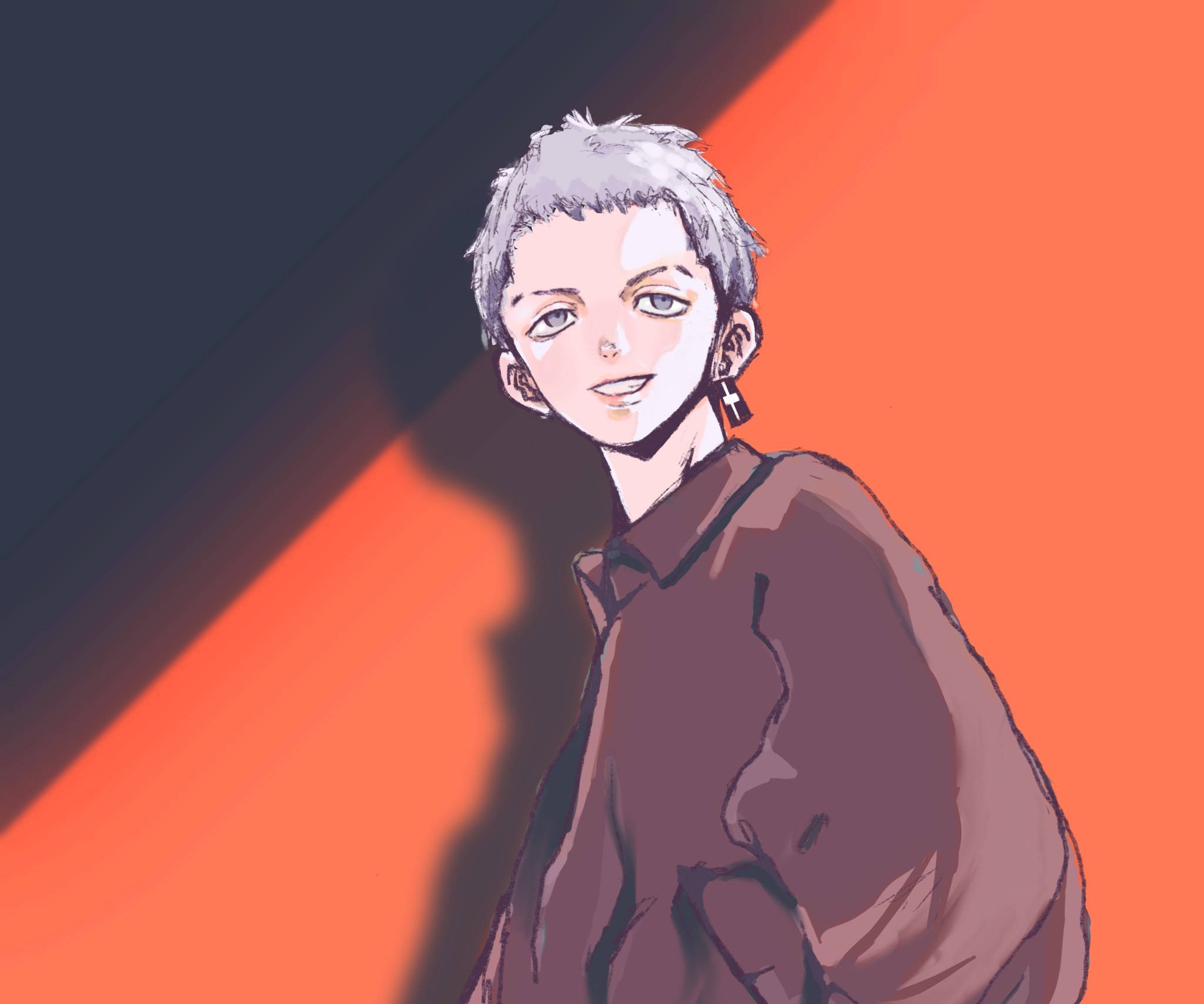 takashi mitsuya 桌布 壁紙 — 一個風格化的動漫角色，擁有短灰髮和溫暖的笑容，站在大膽的橙色和深藍色對角線背景前。