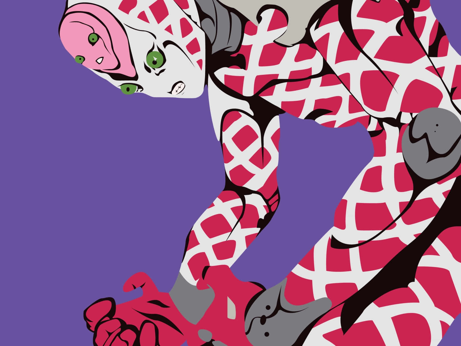 Jojo King Crimson 桌布 壁紙 — 一個風格化的動漫角色，擁有粉紅和白色格紋皮膚和綠色眼睛，在純紫色背景上擺出動態姿勢。