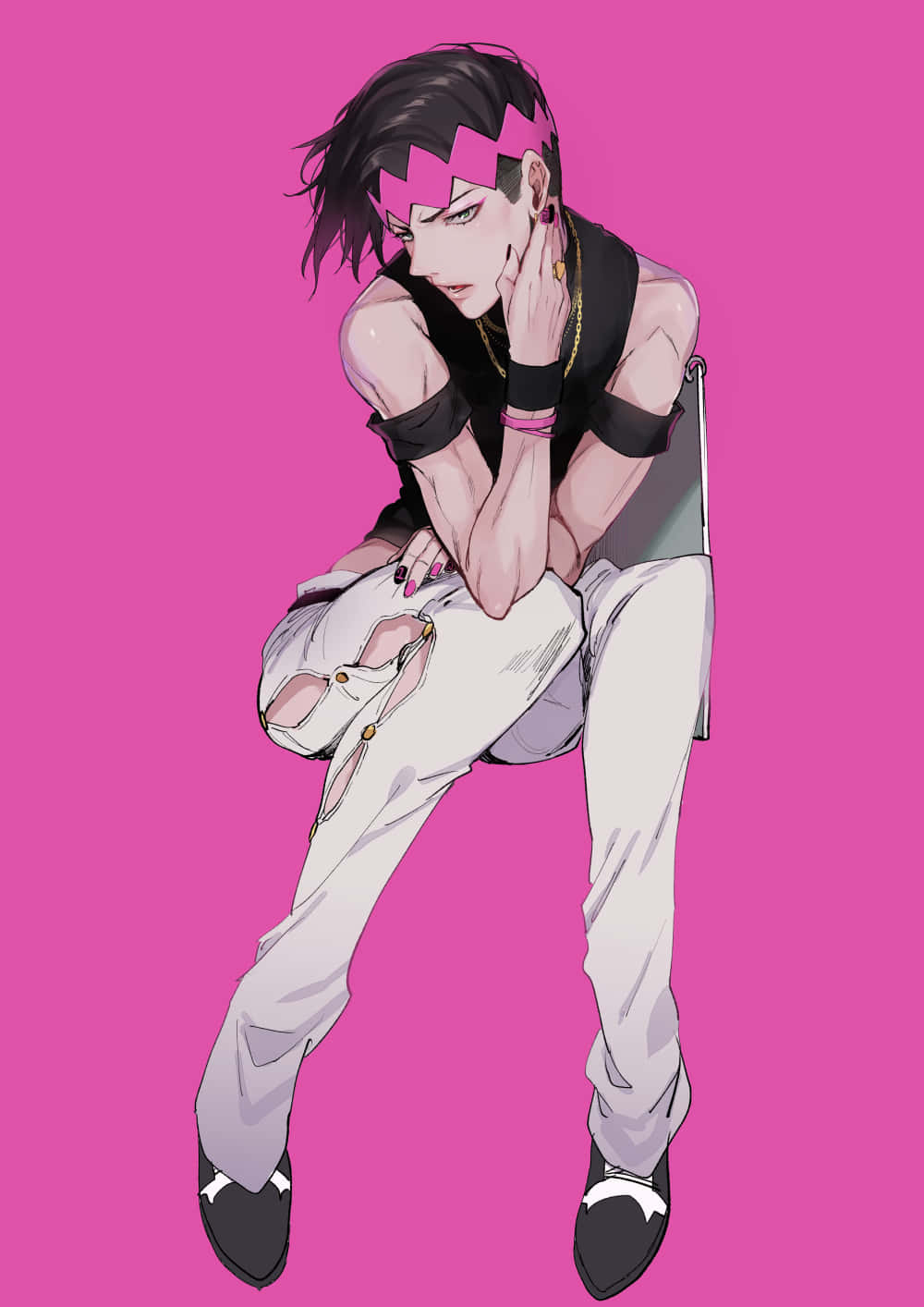 Rohan Kishibe 桌布 壁紙 — 一個風格化的動漫角色，擁有粉紅色鋸齒狀頭髮，自信地坐在充滿活力的粉紅色背景前。