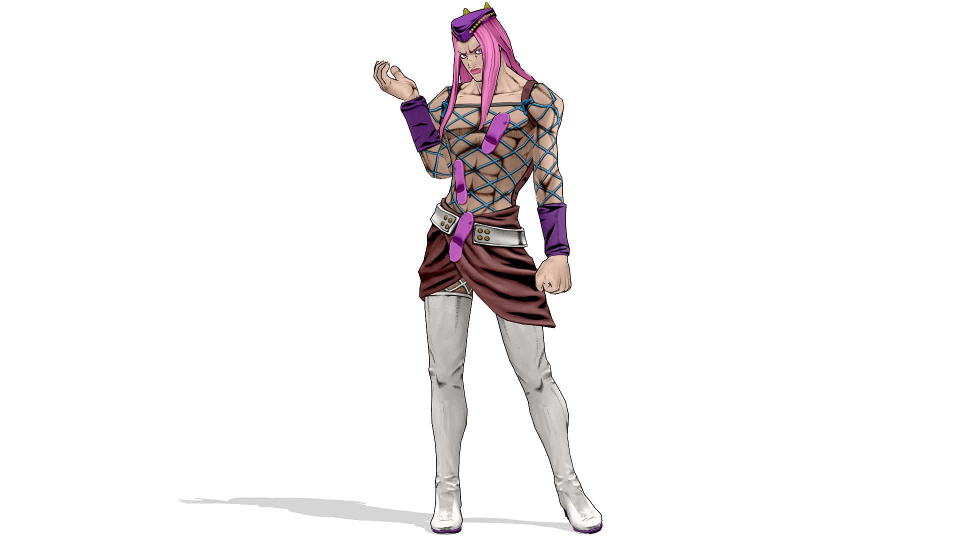 Narciso Anasui 桌布 壁紙 — 一個風格化的動漫角色，擁有粉紅色頭髮和紫色點綴，自信地站在純白色背景前。