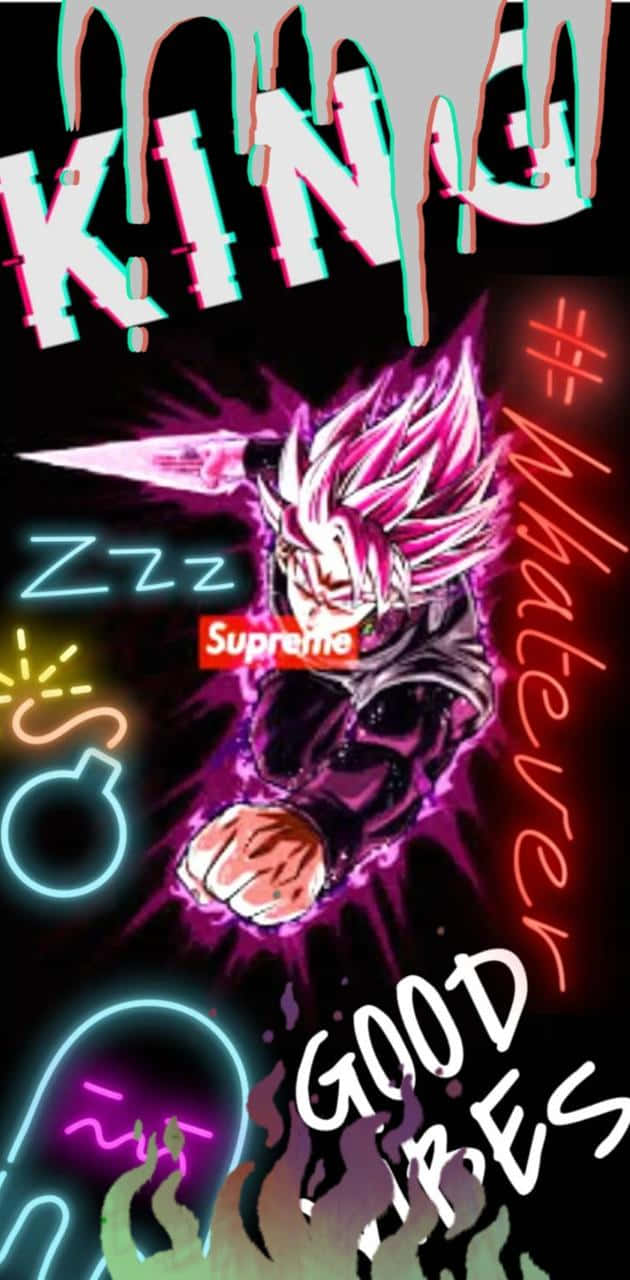 悟空 桌布 壁紙 — 一個風格化的動漫角色，擁有粉紅色頭髮和發光光環，被霓虹文字和Supreme標誌包圍，背景為深色。