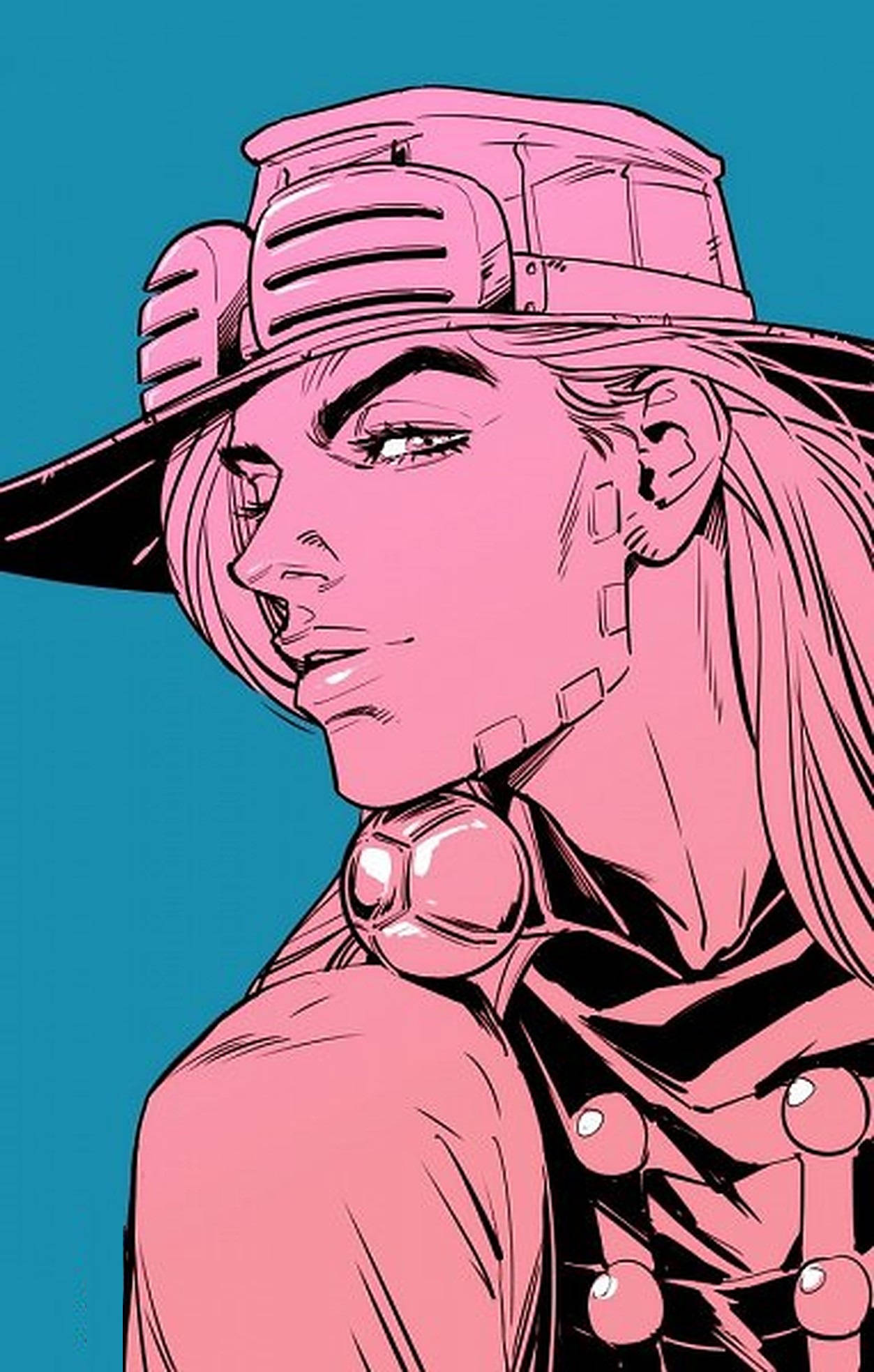 Gyro Zeppeli 桌布 壁紙 — 一個風格化的動漫角色，擁有粉紅色頭髮和未來主義帽子，背景為青綠色。