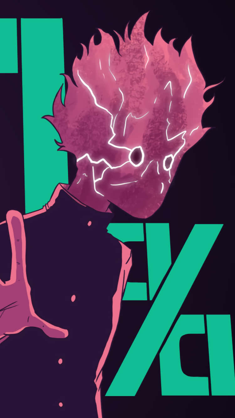 Mob Psycho iPhone 桌布 壁紙 — 一個風格化的動漫角色，擁有粉紅色尖刺頭髮和臉上發光的白色裂紋，在深色背景上做出手勢，並帶有粗體的青綠色文字。