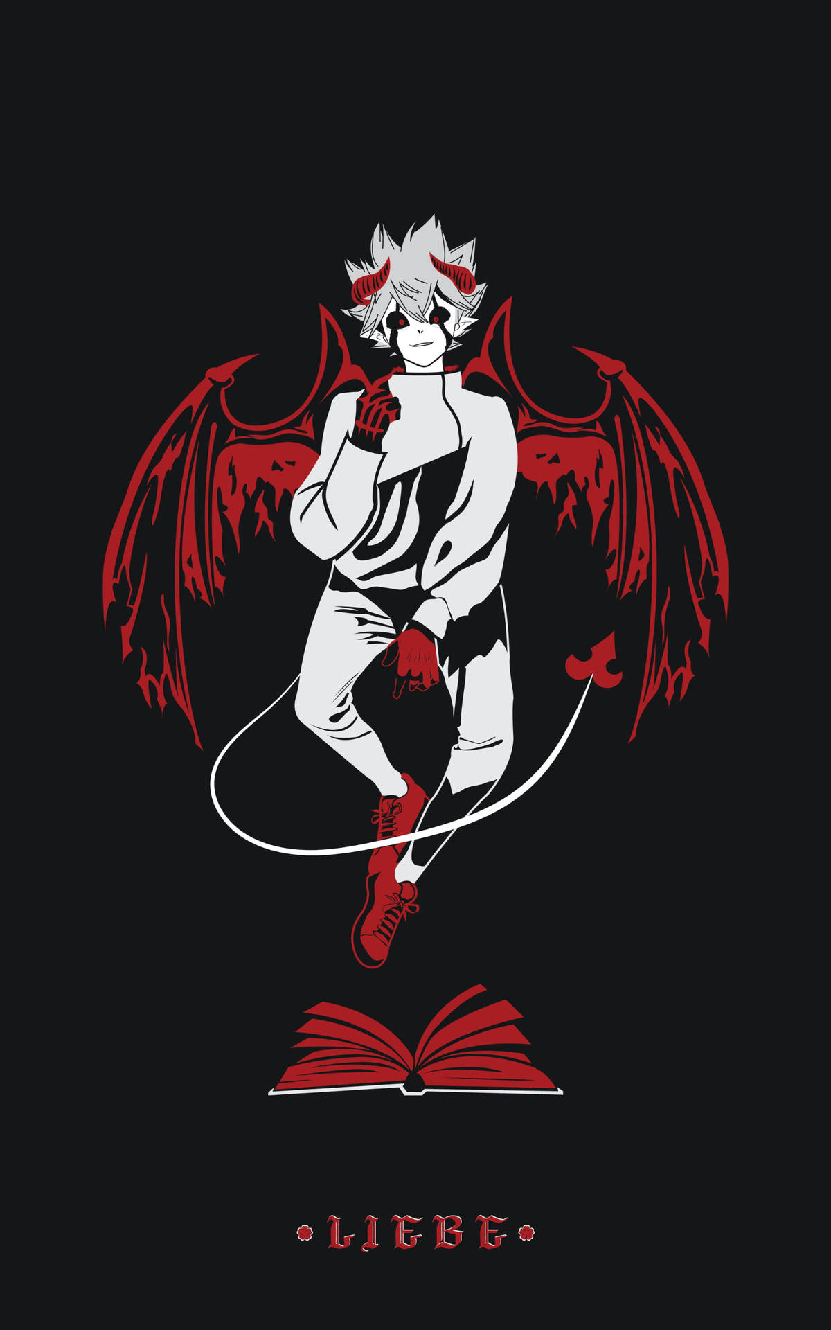 惡魔 桌布 壁紙 — 一個風格化的動漫角色，擁有紅色惡魔翅膀和白色頭髮，站在一本打開的書上方，背景為黑色。
