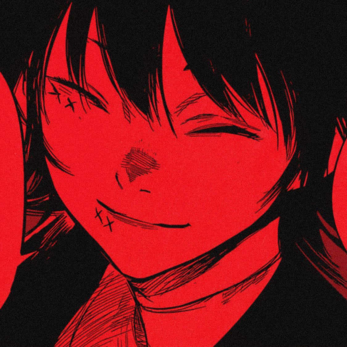 東京喰種 桌布 壁紙 — 一個風格化的動漫角色，擁有紅色皮膚和縫合的傷口，在黑色背景上微笑。