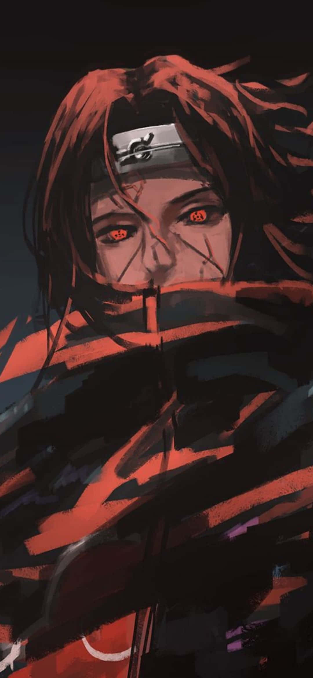 Uchiha iPhone 桌布 壁紙 — 一個風格化的動漫角色，擁有紅色眼睛和頭帶，在帶有火橙色條紋的黑暗背景中強烈凝視。