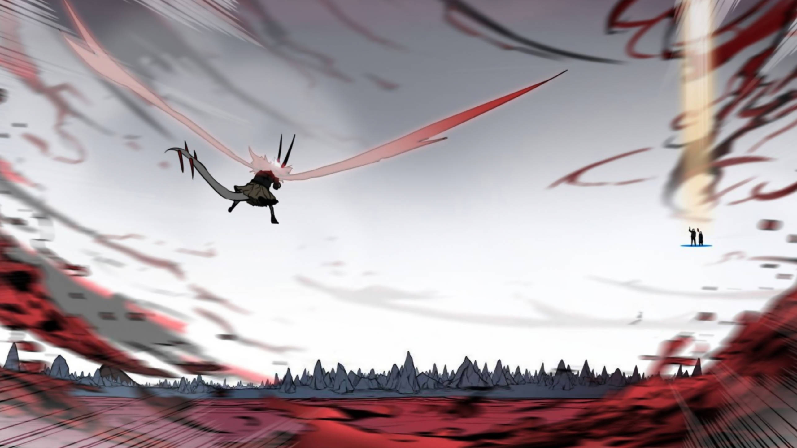 Tower Of God 桌布 壁紙 — 一個風格化的動漫角色，擁有紅色翅膀，在風暴天空下飛越鋸齒狀的紅色景觀，遠處有身影。